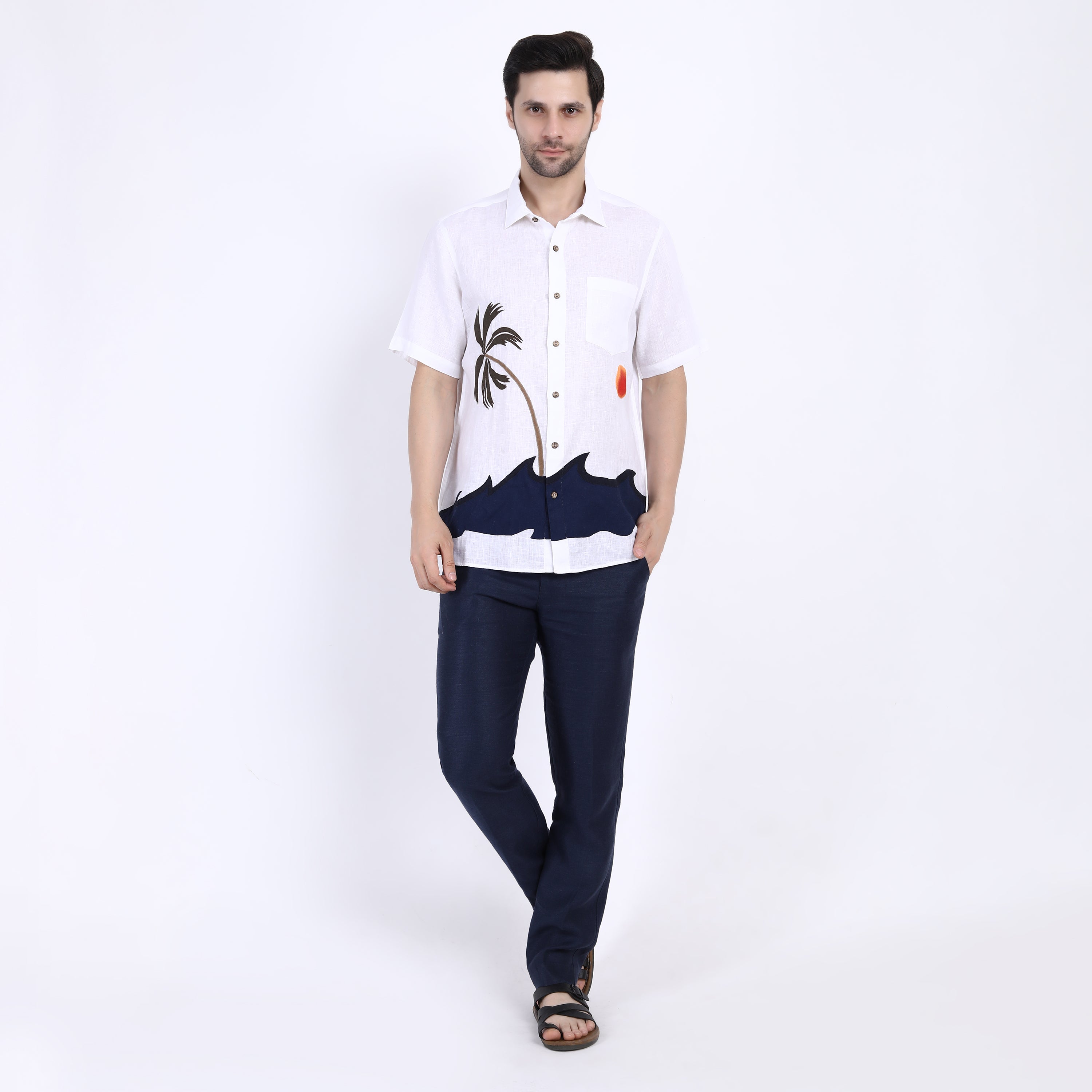 Beach Embroidered Linen Half Sleeve Shirt