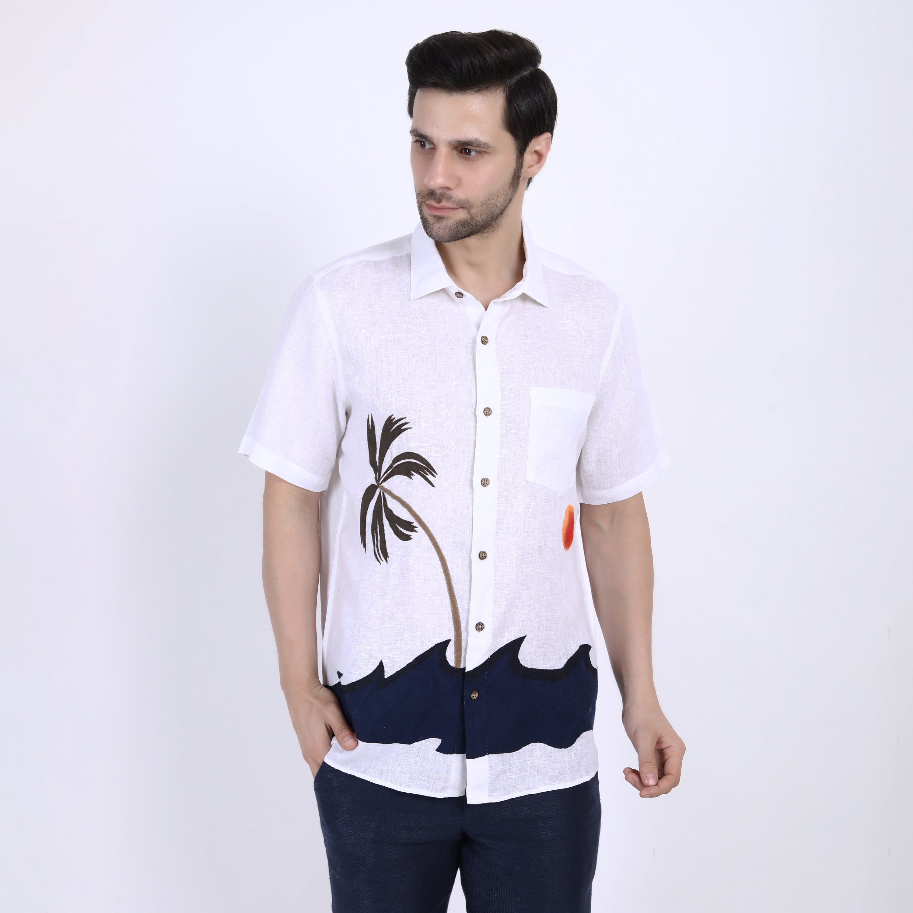 Beach Embroidered Linen Half Sleeve Shirt