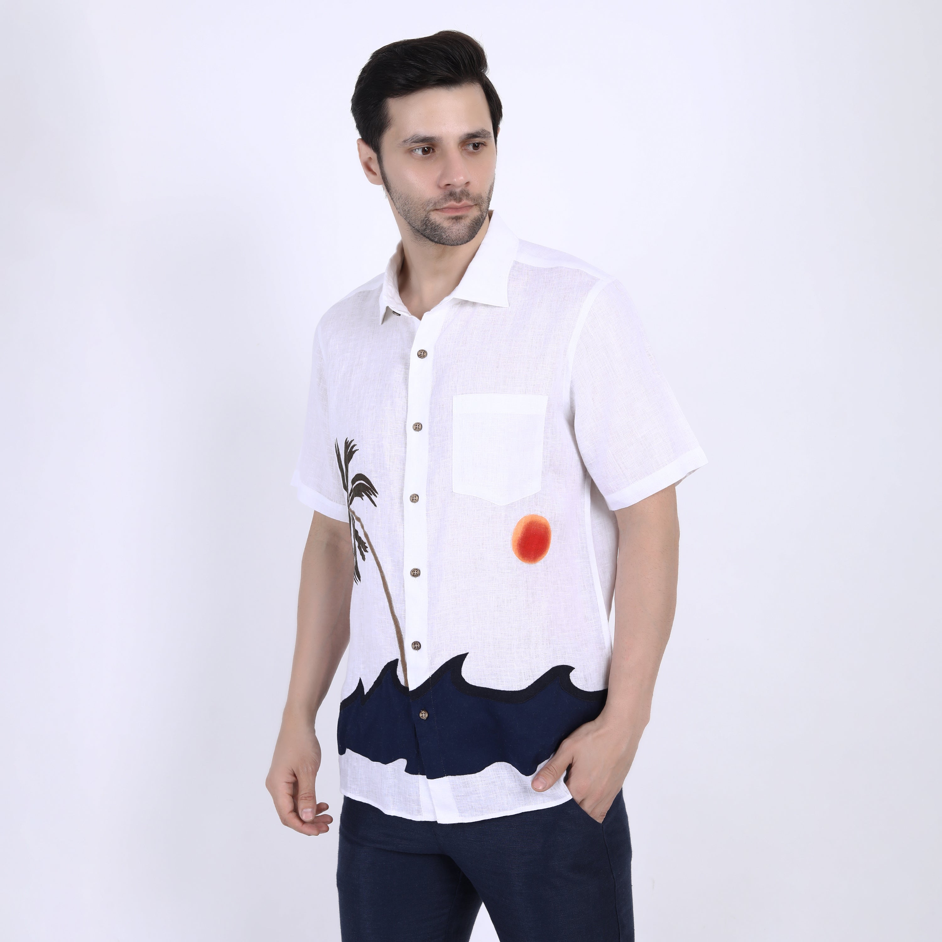 Beach Embroidered Linen Half Sleeve Shirt