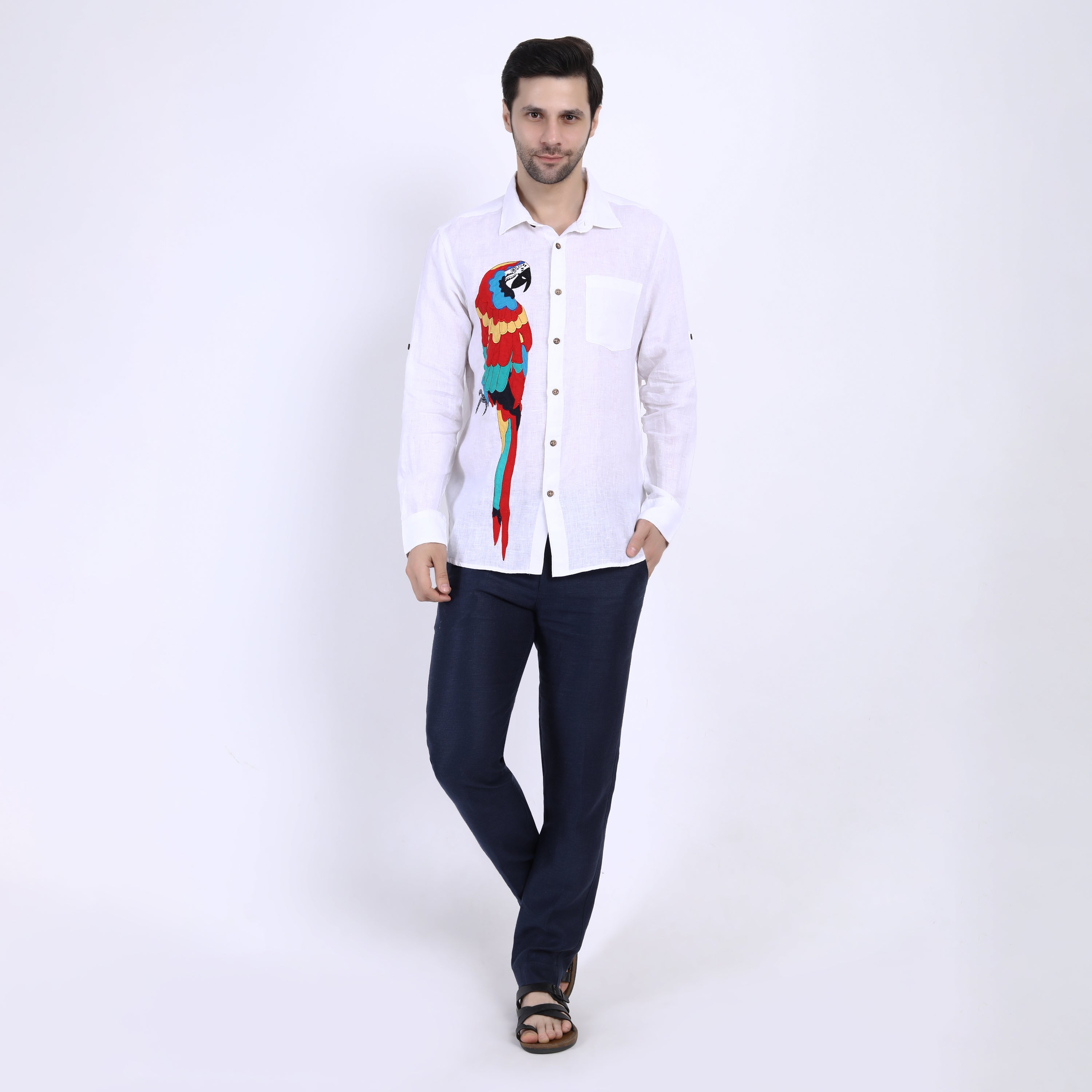 Red Macaw Embroidered Linen Shirt