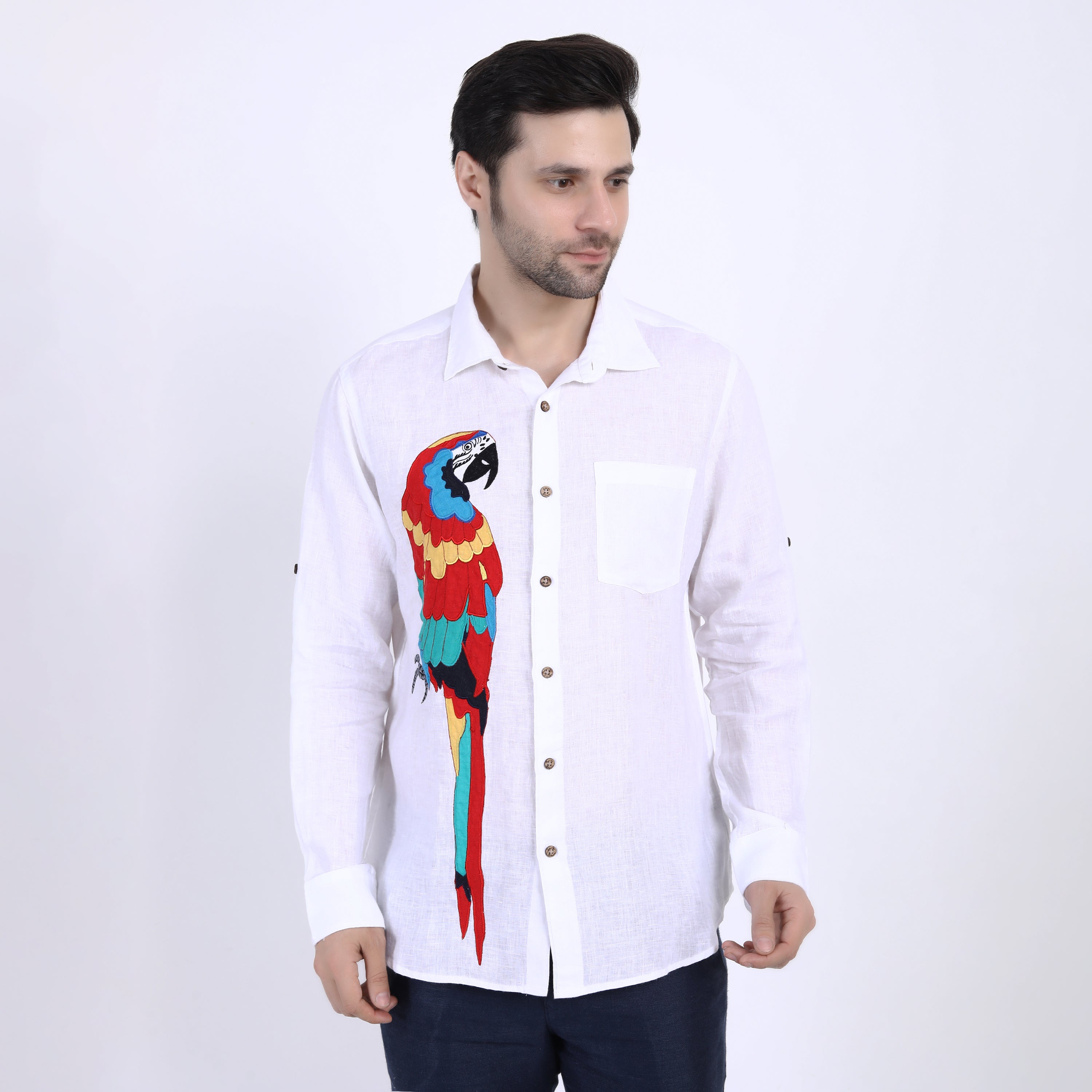 Red Macaw Embroidered Linen Shirt