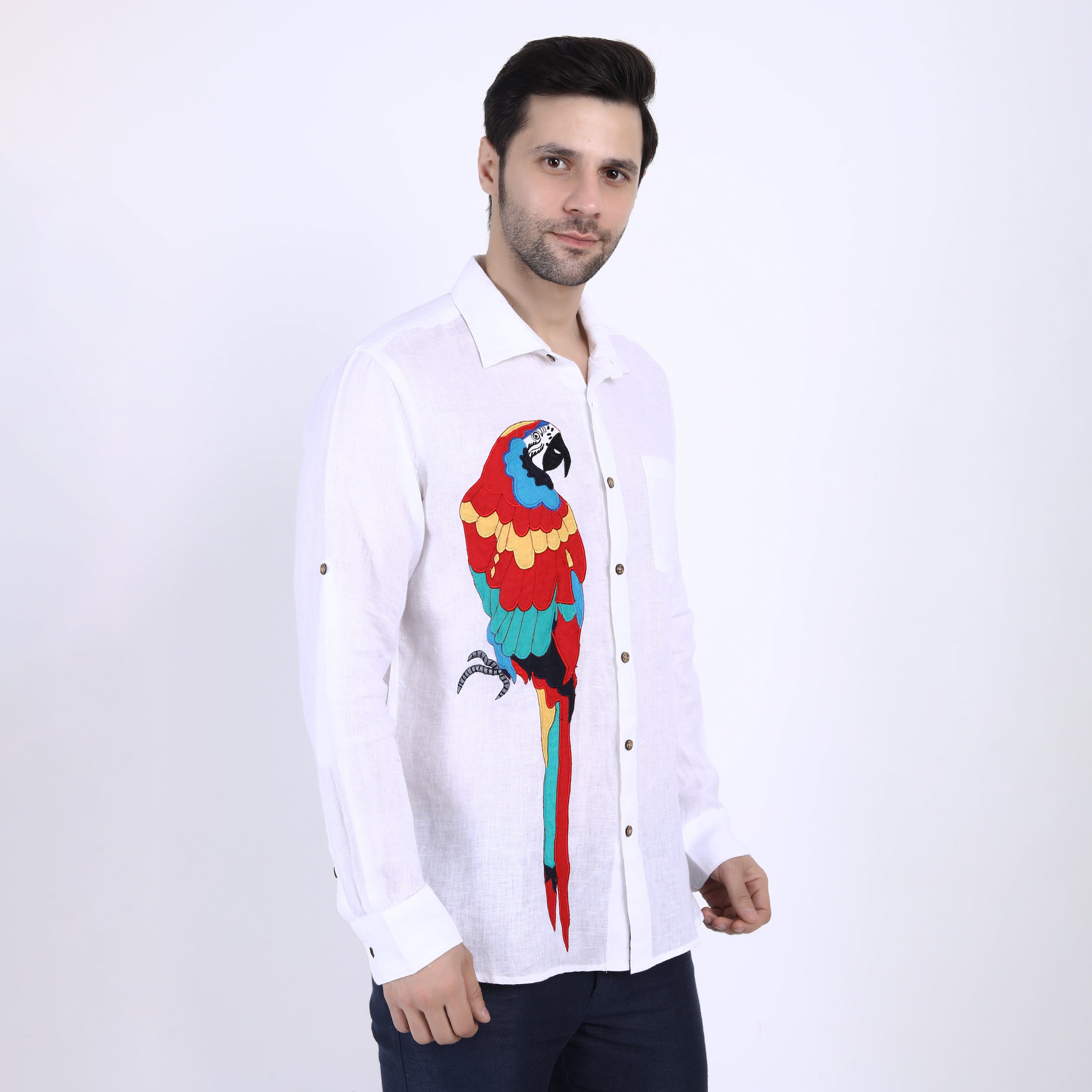Red Macaw Embroidered Linen Shirt