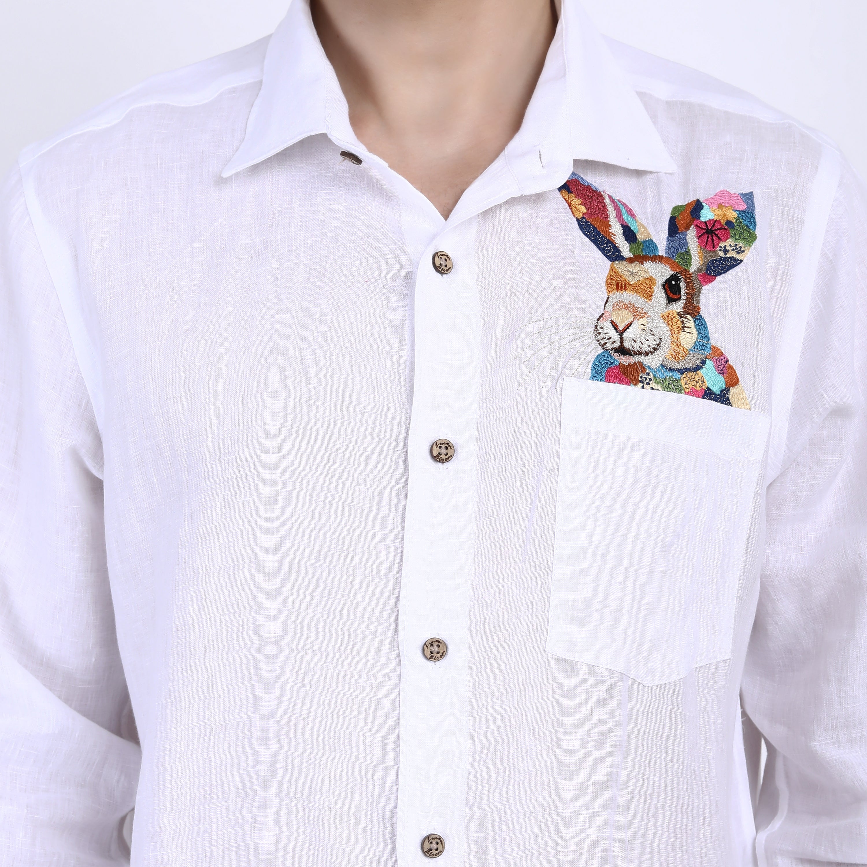 White Bunny Embroidered Linen Shirt