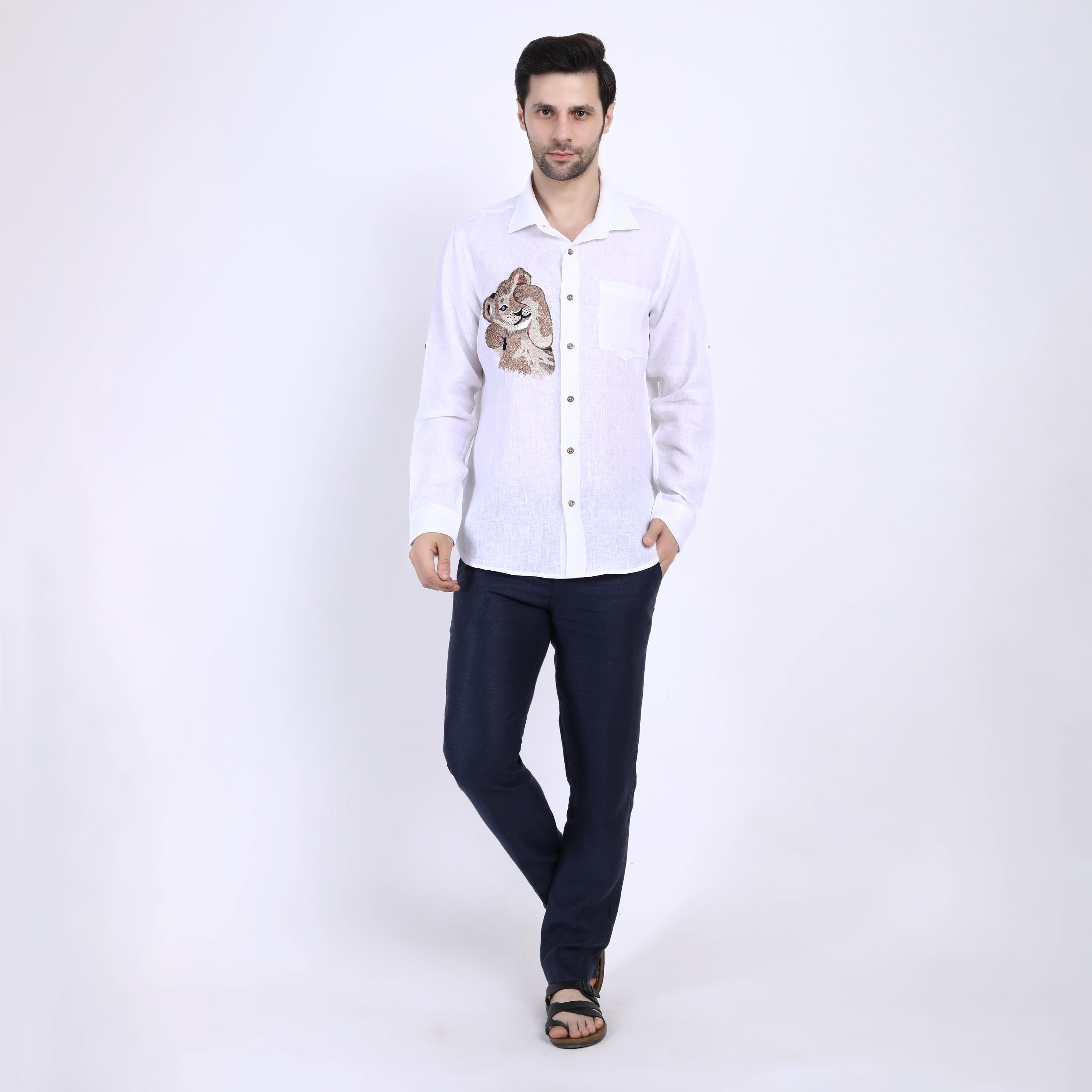 White Simba Embroidered Linen Shirt