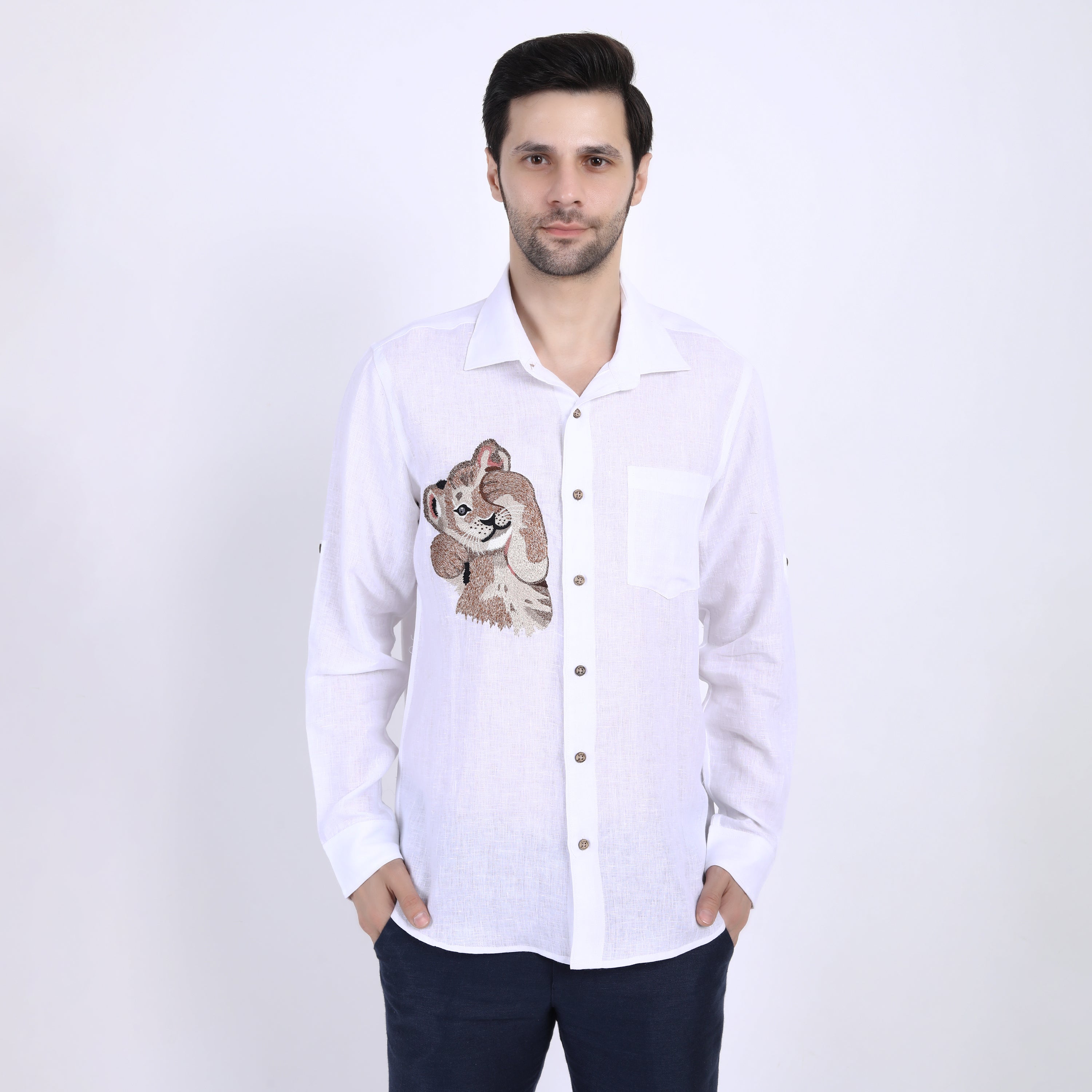 White Simba Embroidered Linen Shirt