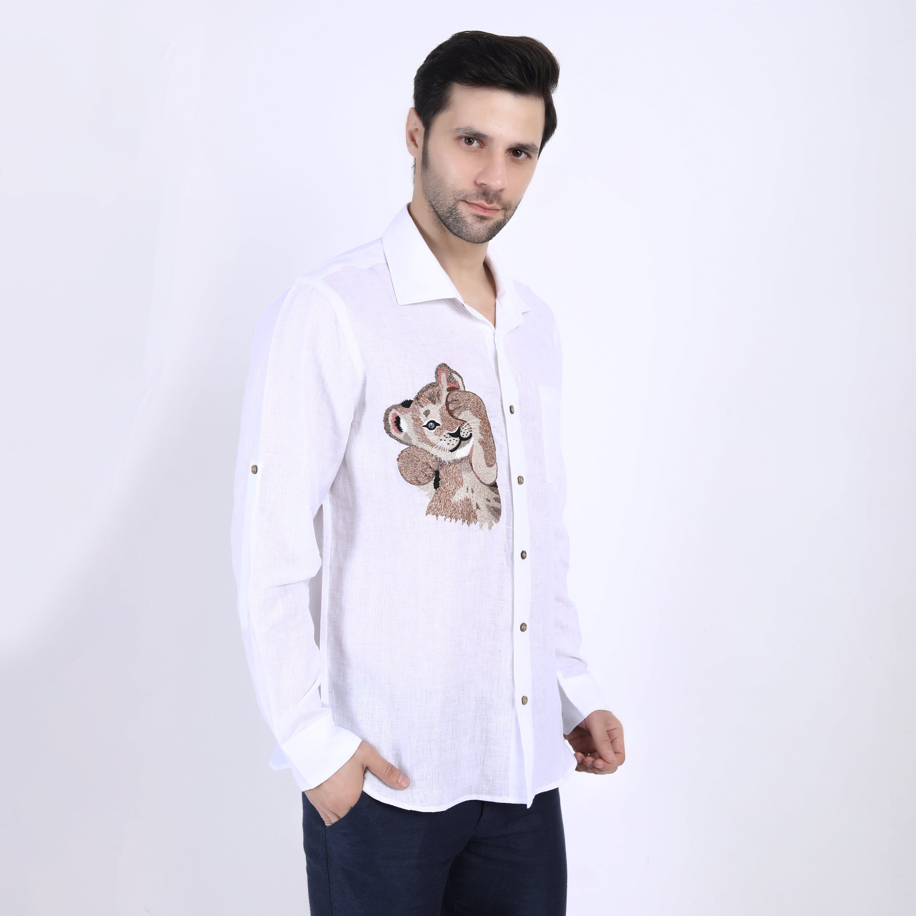 White Simba Embroidered Linen Shirt