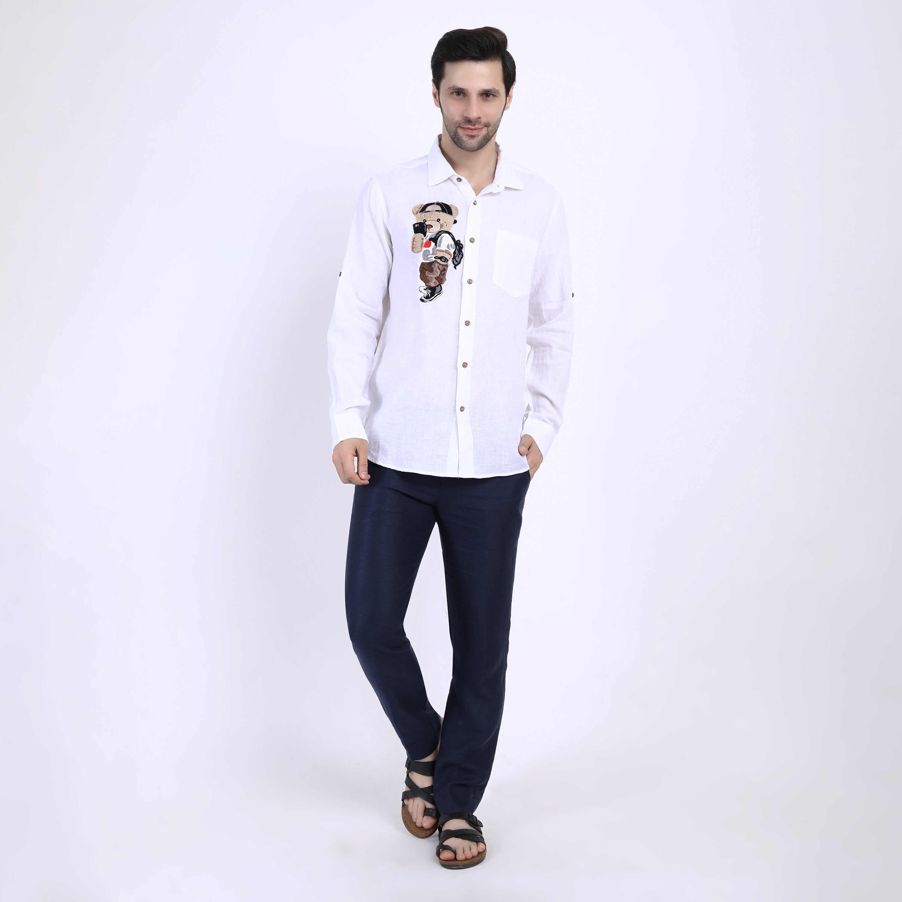 Selfie Teddy Embroidered Linen Shirt