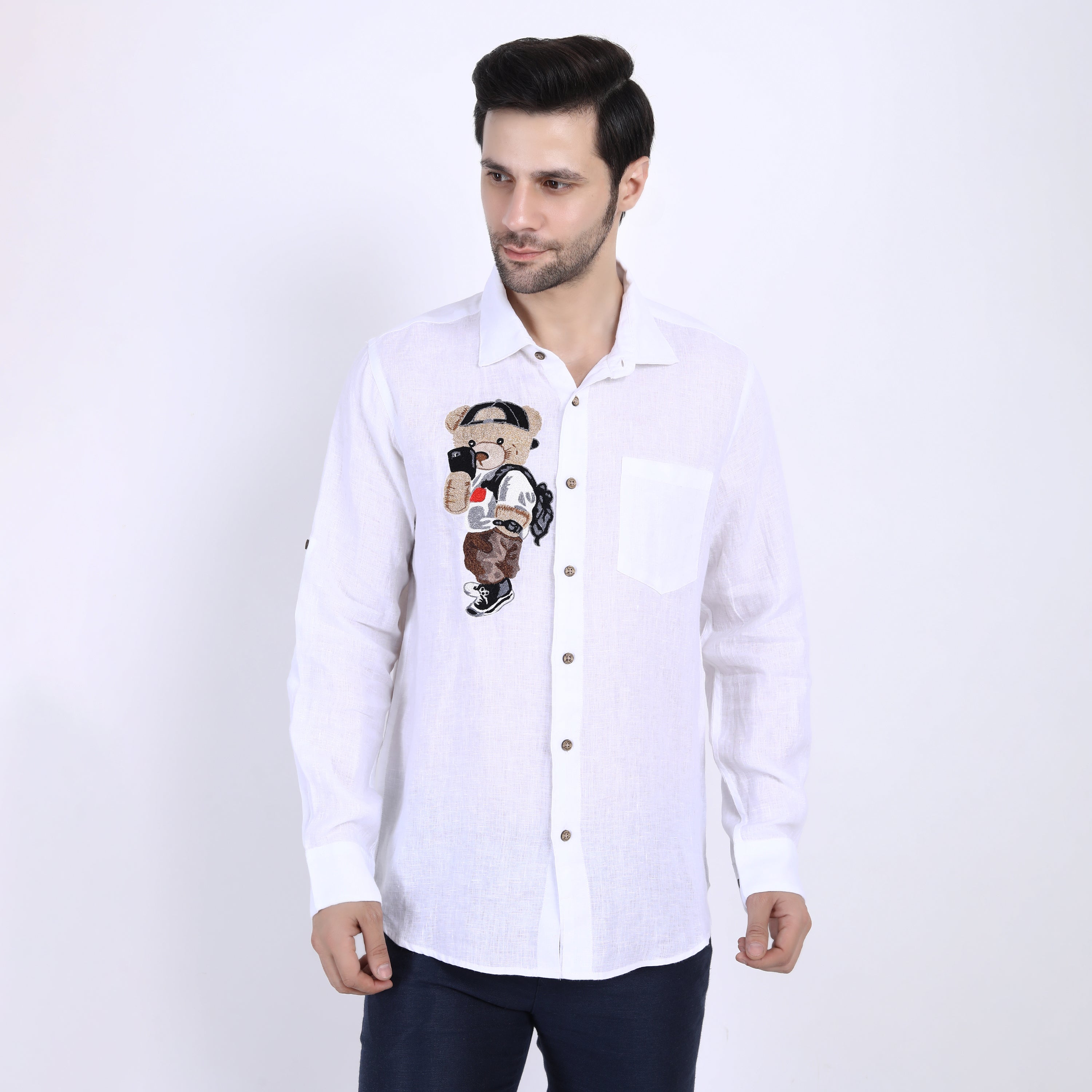 Selfie Teddy Embroidered Linen Shirt