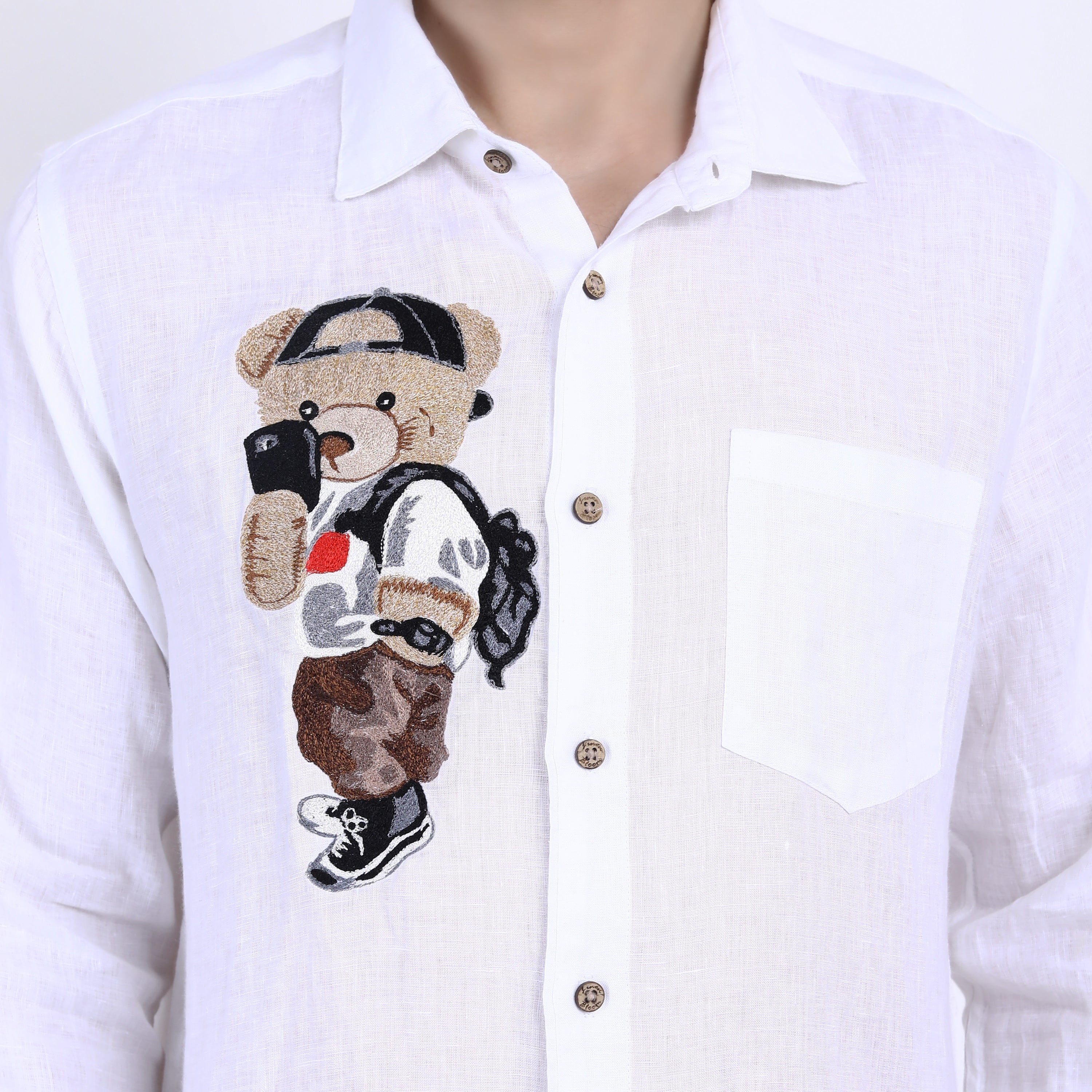 Selfie Teddy Embroidered Linen Shirt