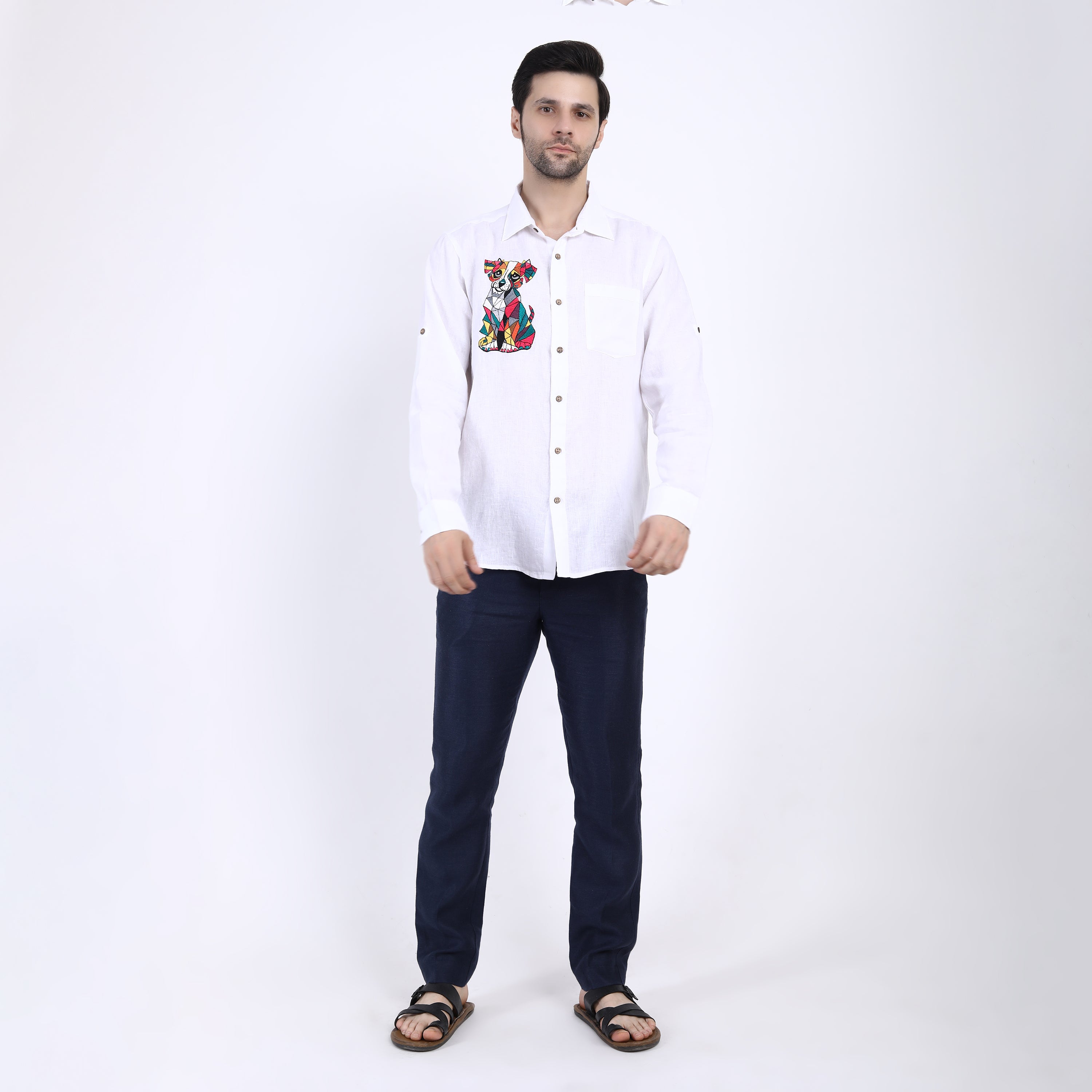 White Cubic Dog Embroidered Linen Shirt