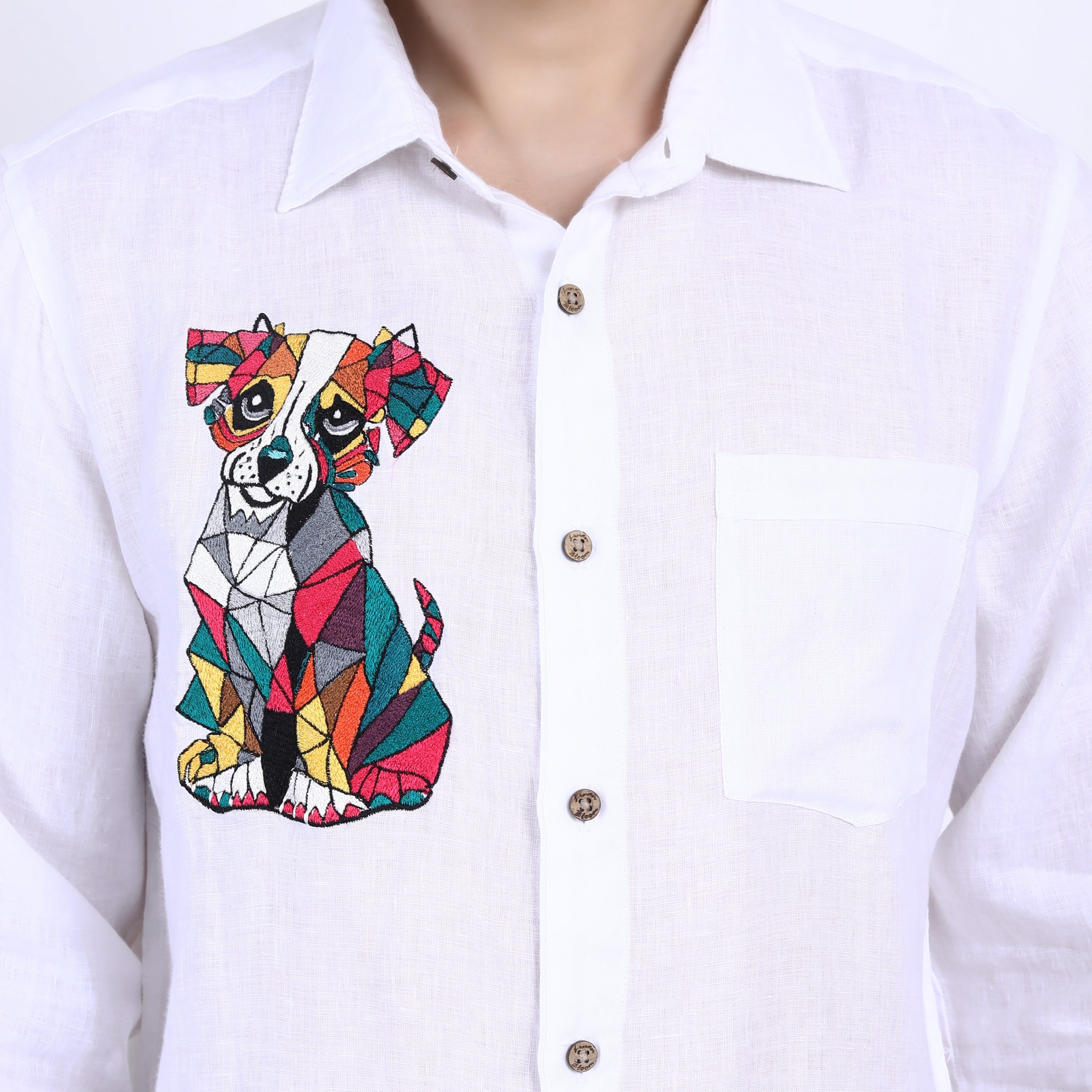 White Cubic Dog Embroidered Linen Shirt