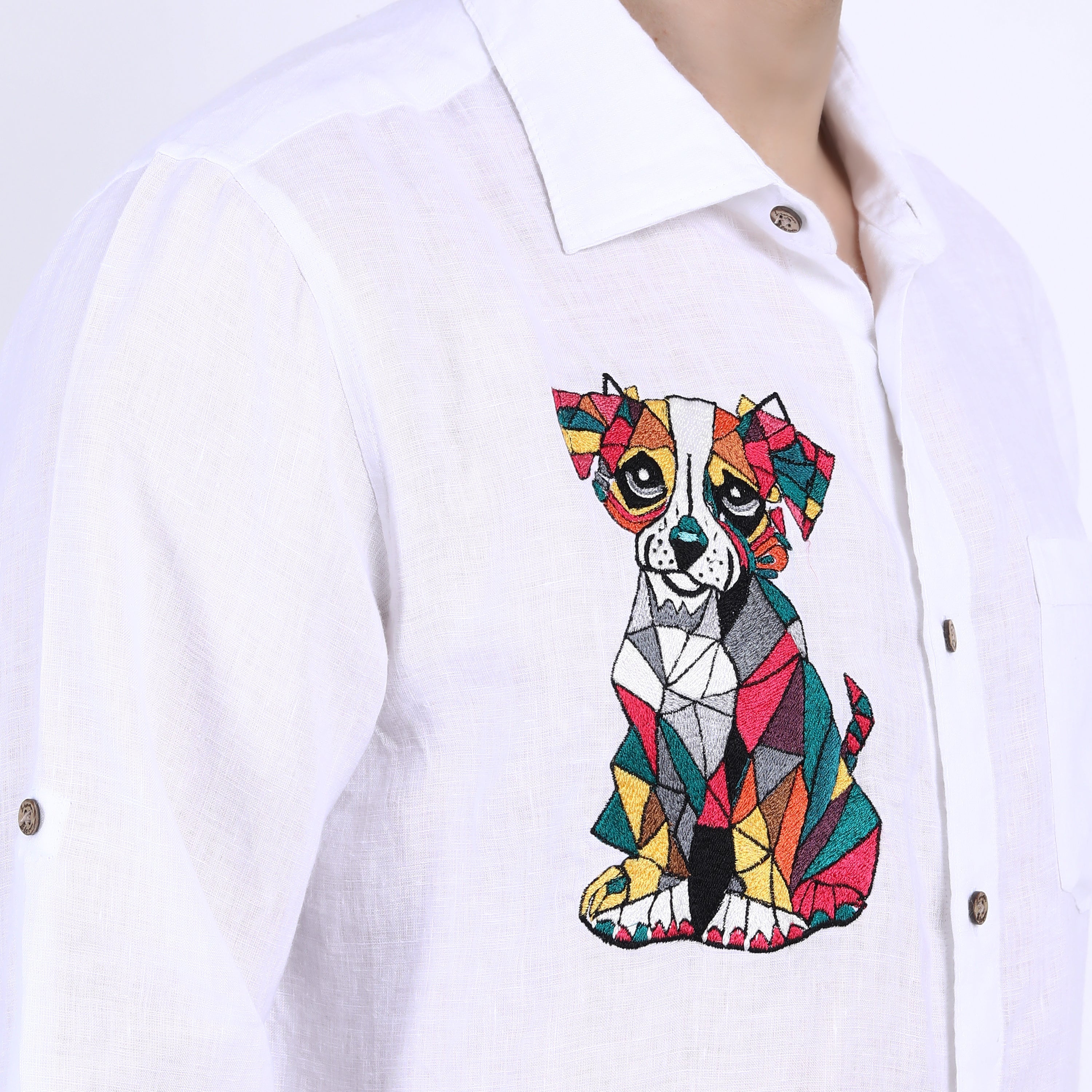 White Cubic Dog Embroidered Linen Shirt