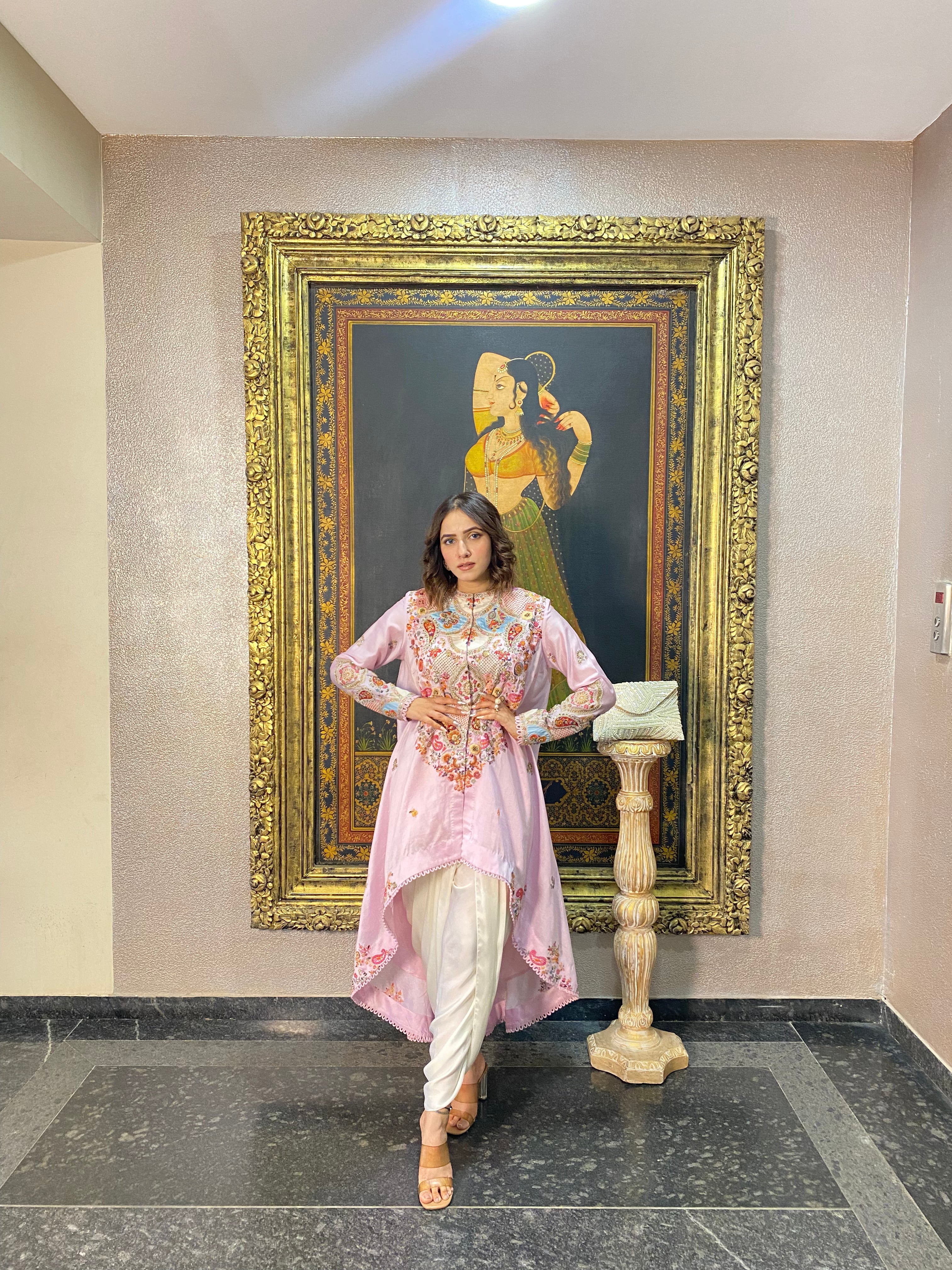 POWDER PINK JACKET WITH DHOTI