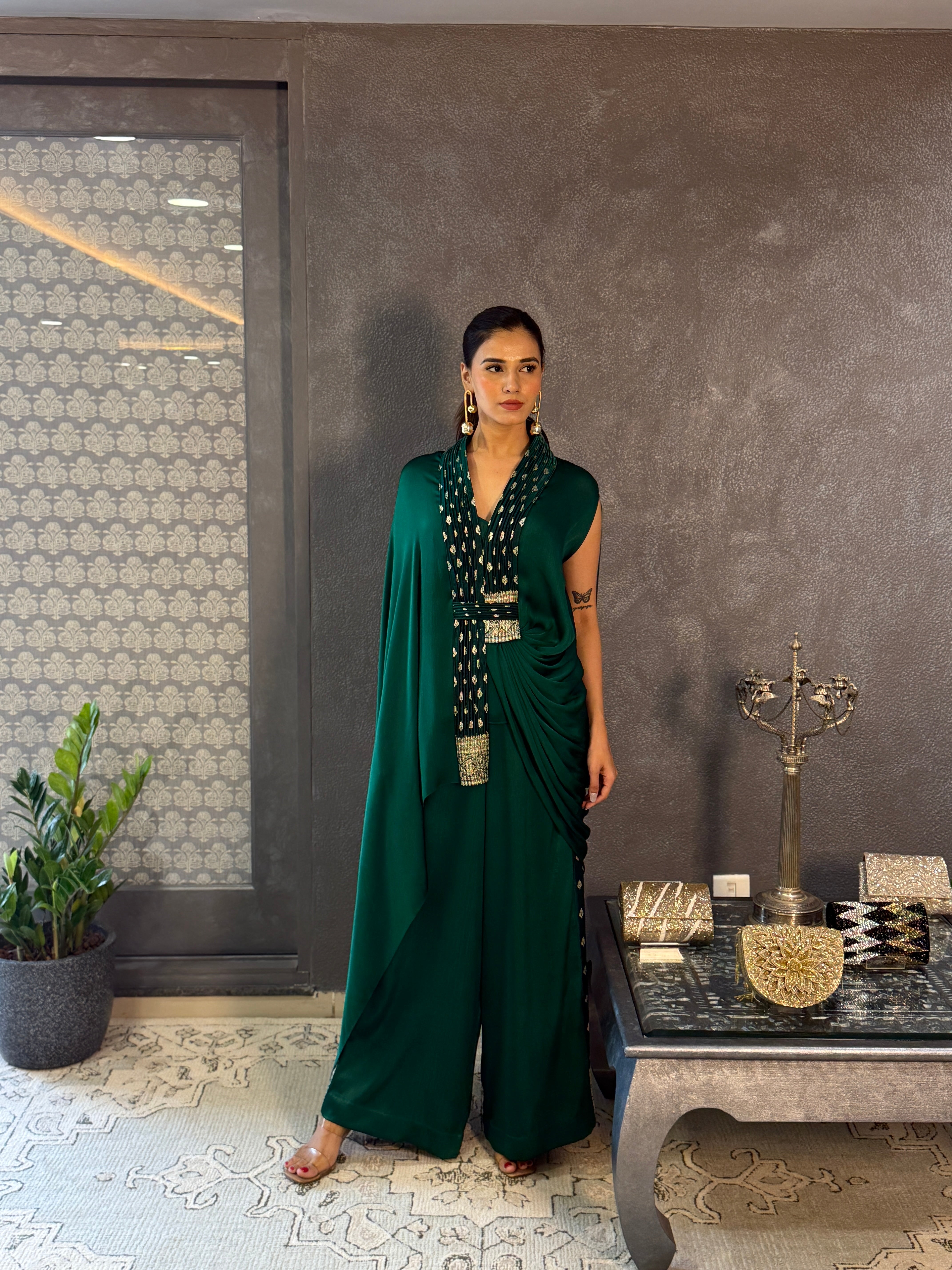Emerald Green Satin Fluid Cape Set