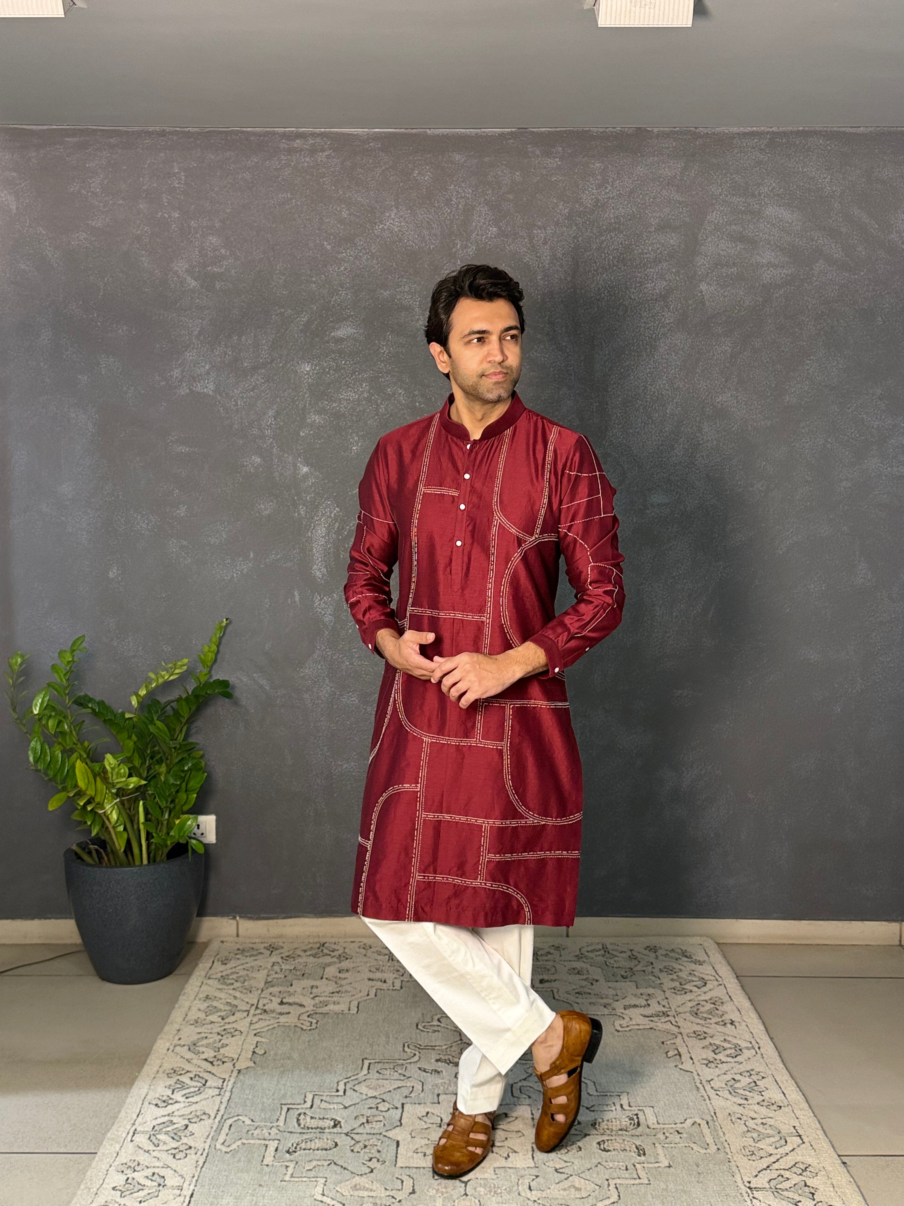 Maroon Geometric Kurta Set