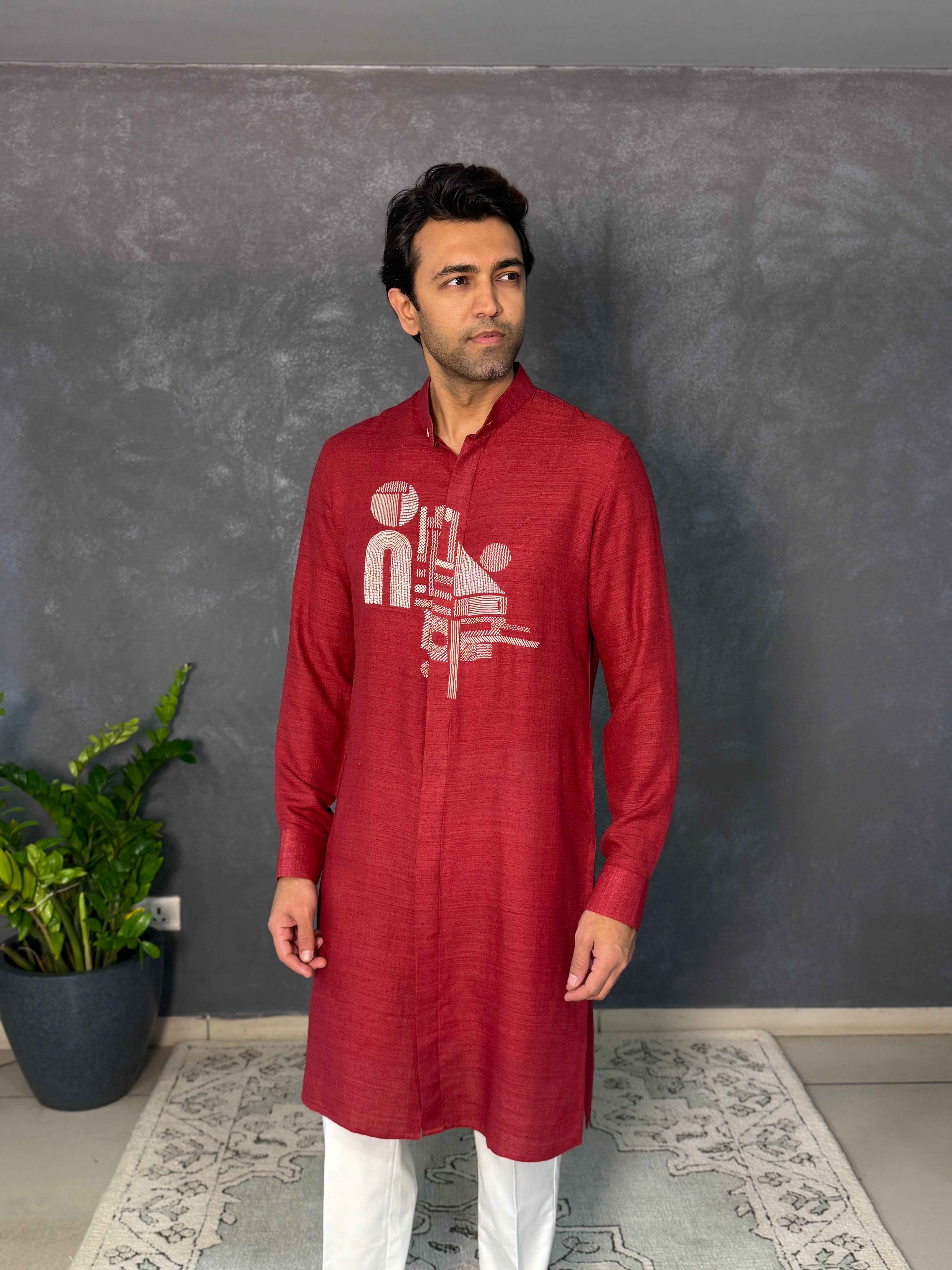Earthy Red Matka Silk Embroidered Kurta Set