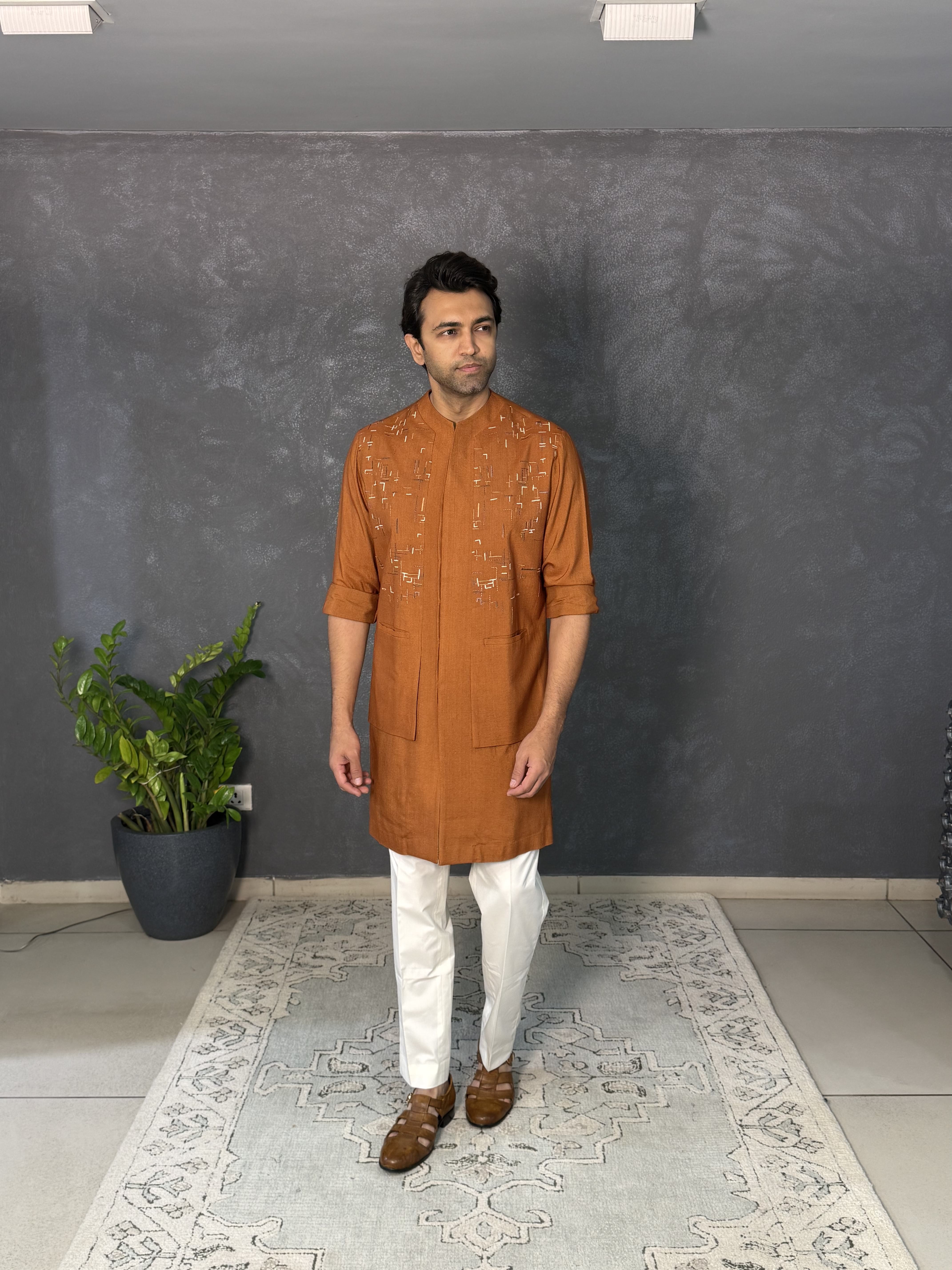 Burnt Orange Cotton Silk Thread Embroidered Kurta Set