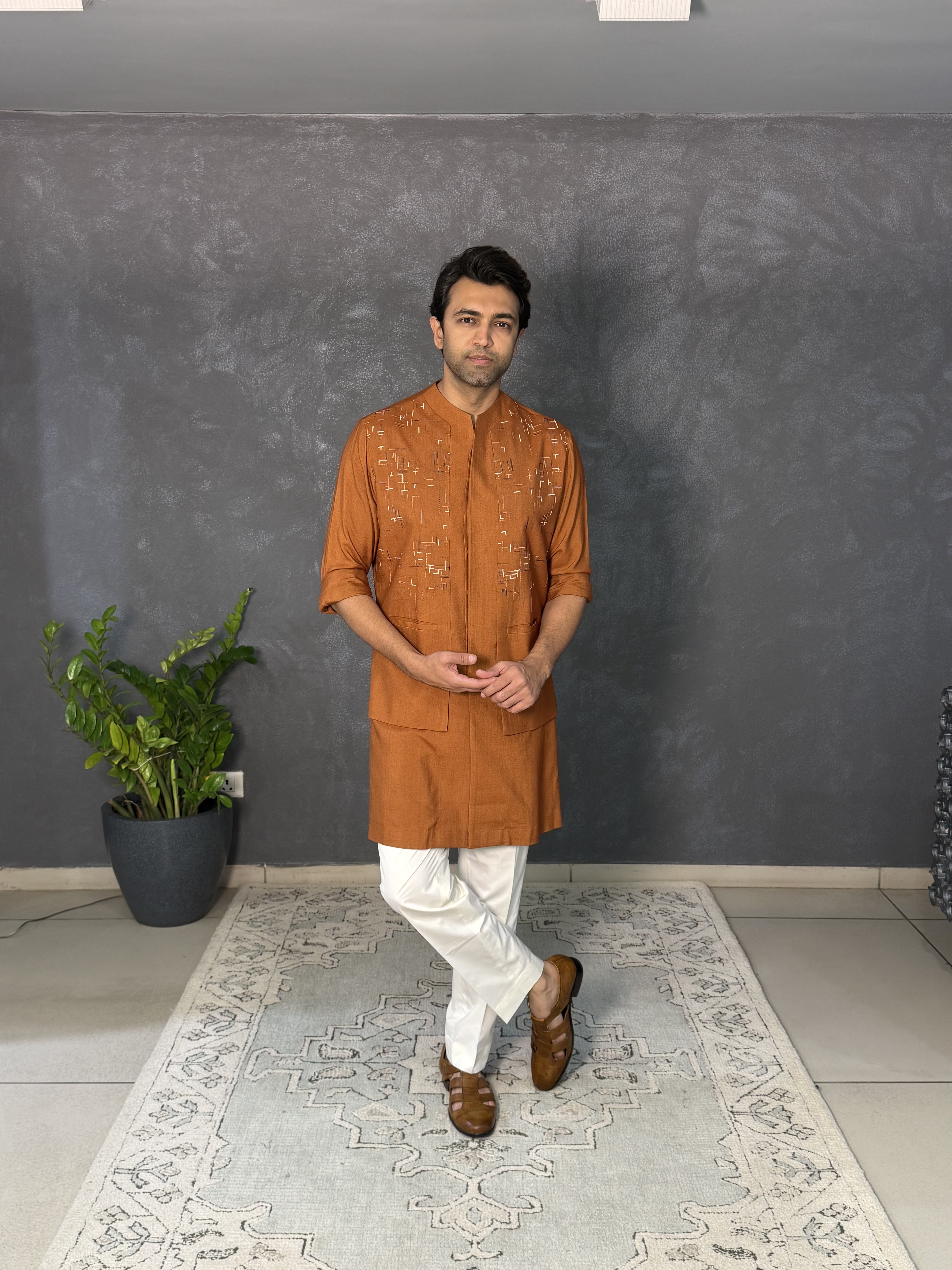 Burnt Orange Cotton Silk Thread Embroidered Kurta Set