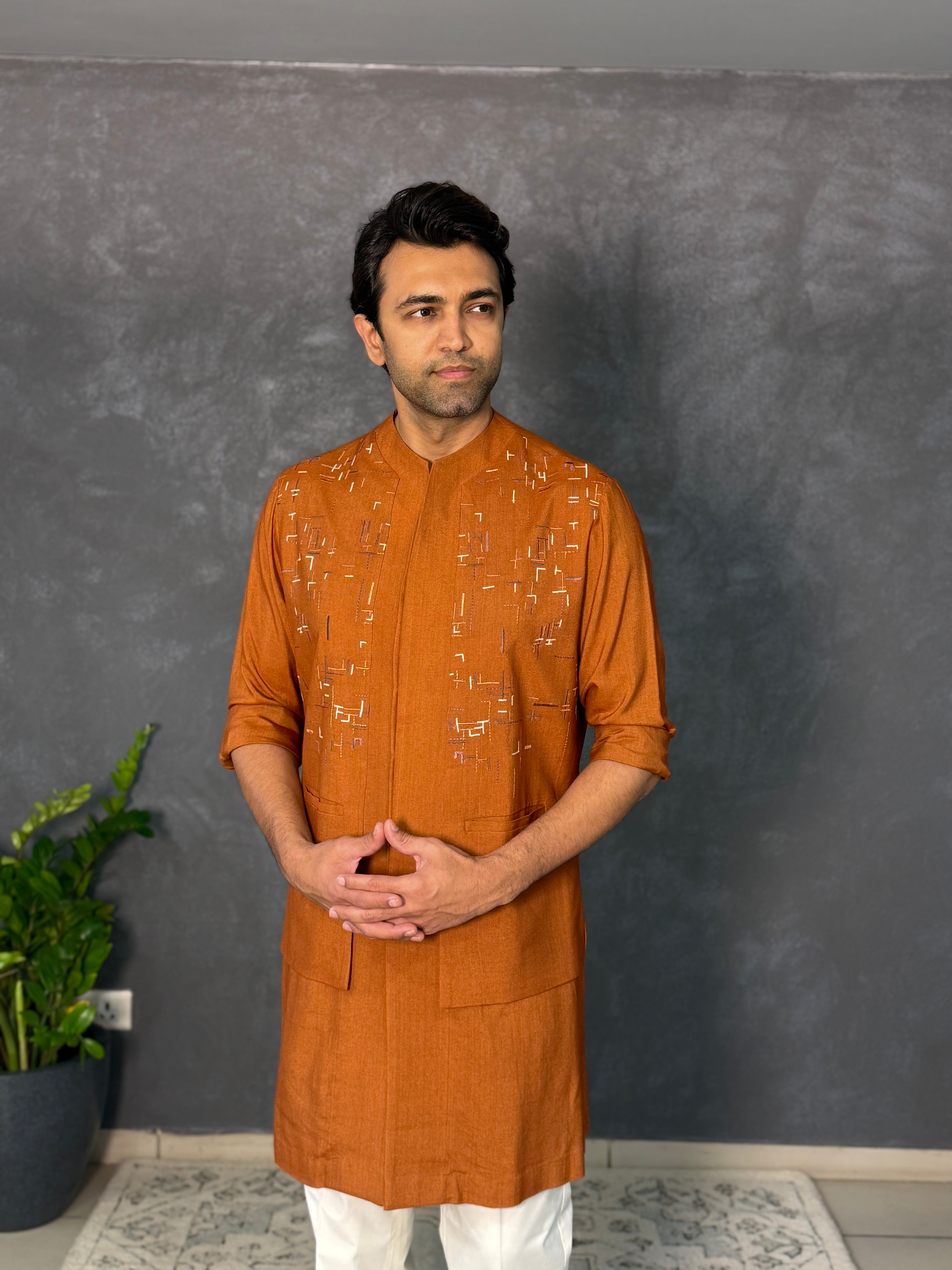 Burnt Orange Cotton Silk Thread Embroidered Kurta Set