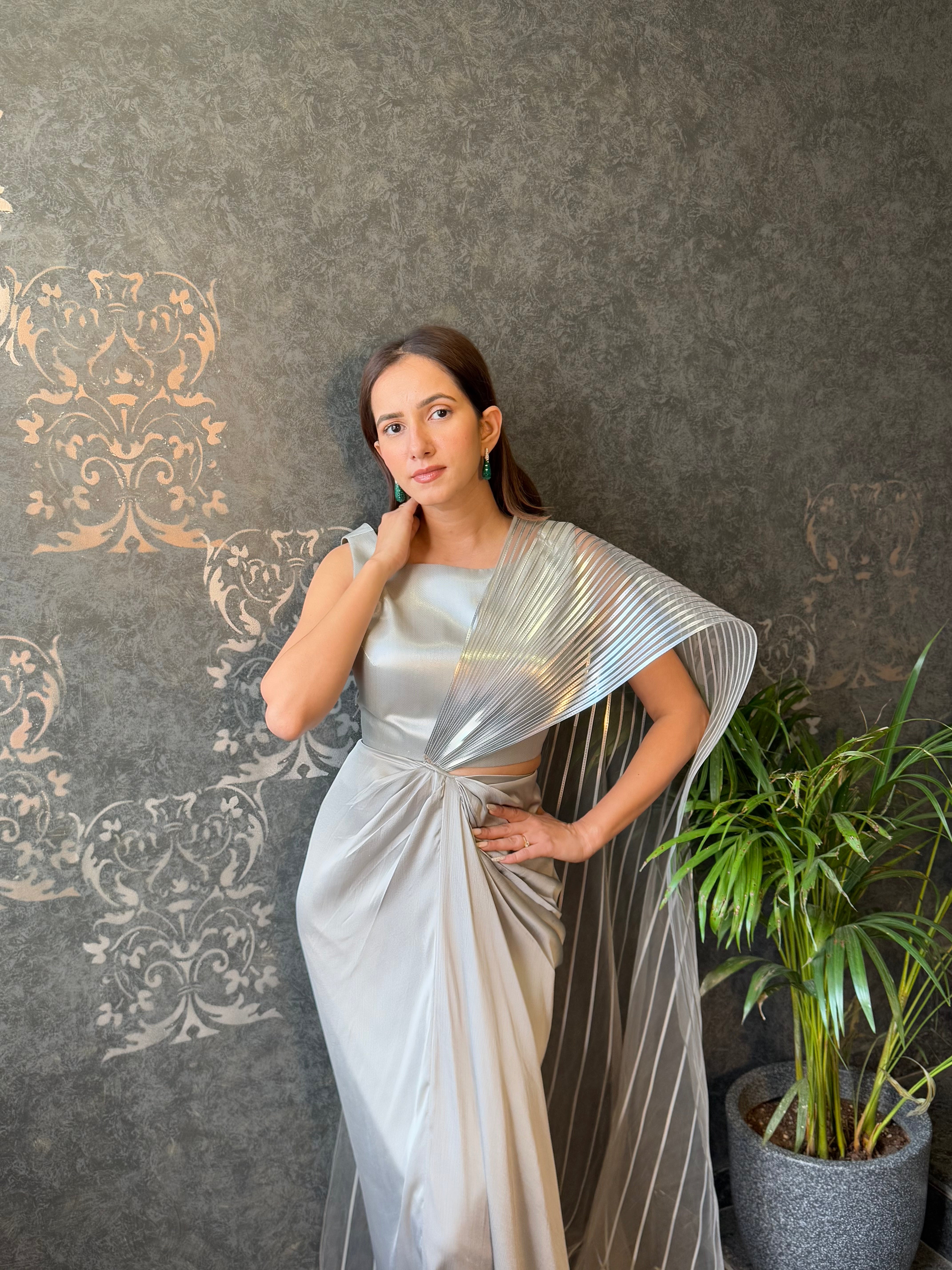 Metallic Wings Saree With Chiffon Drape