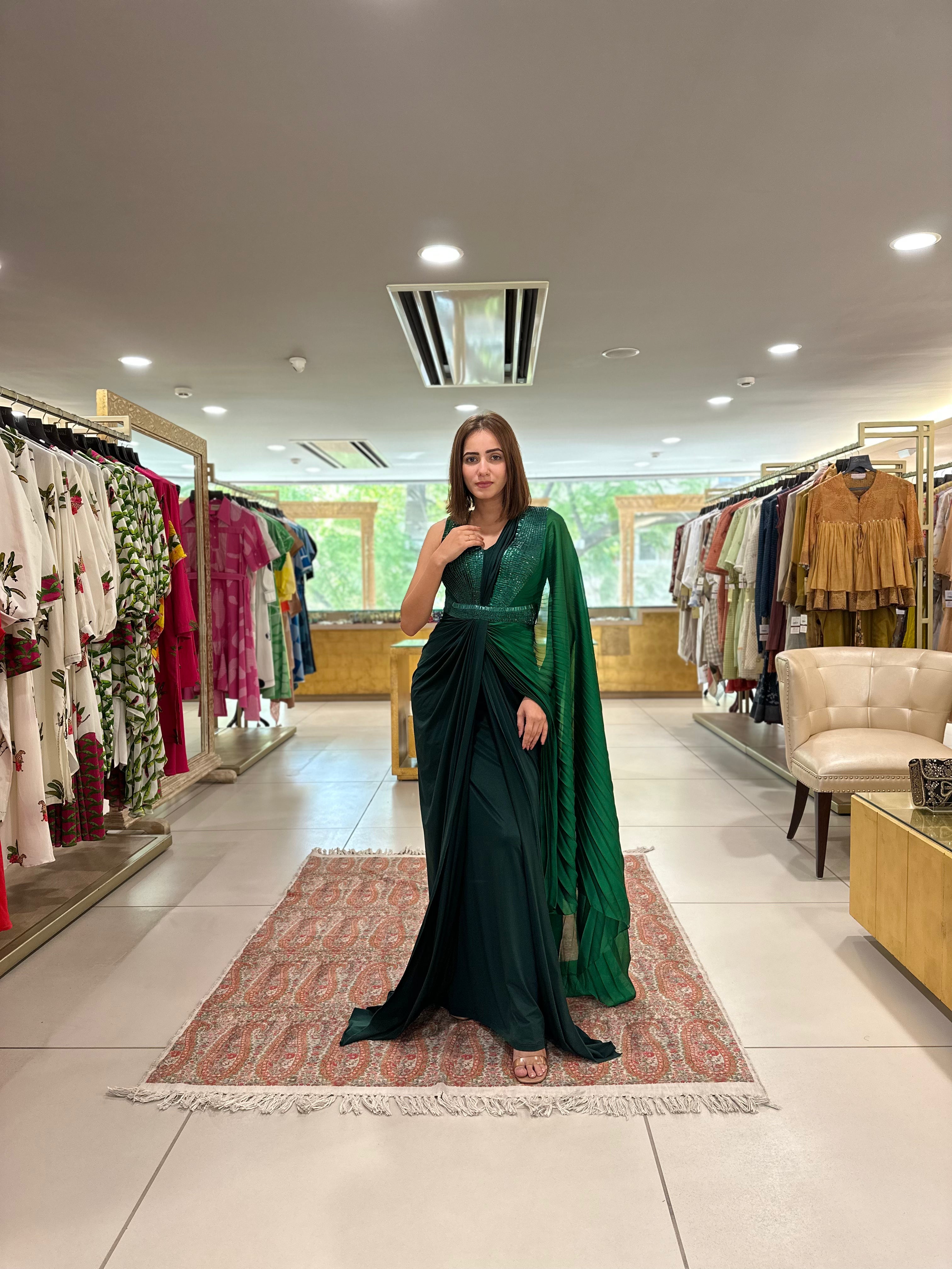 Emerald Ombre Jersey Gown Saree