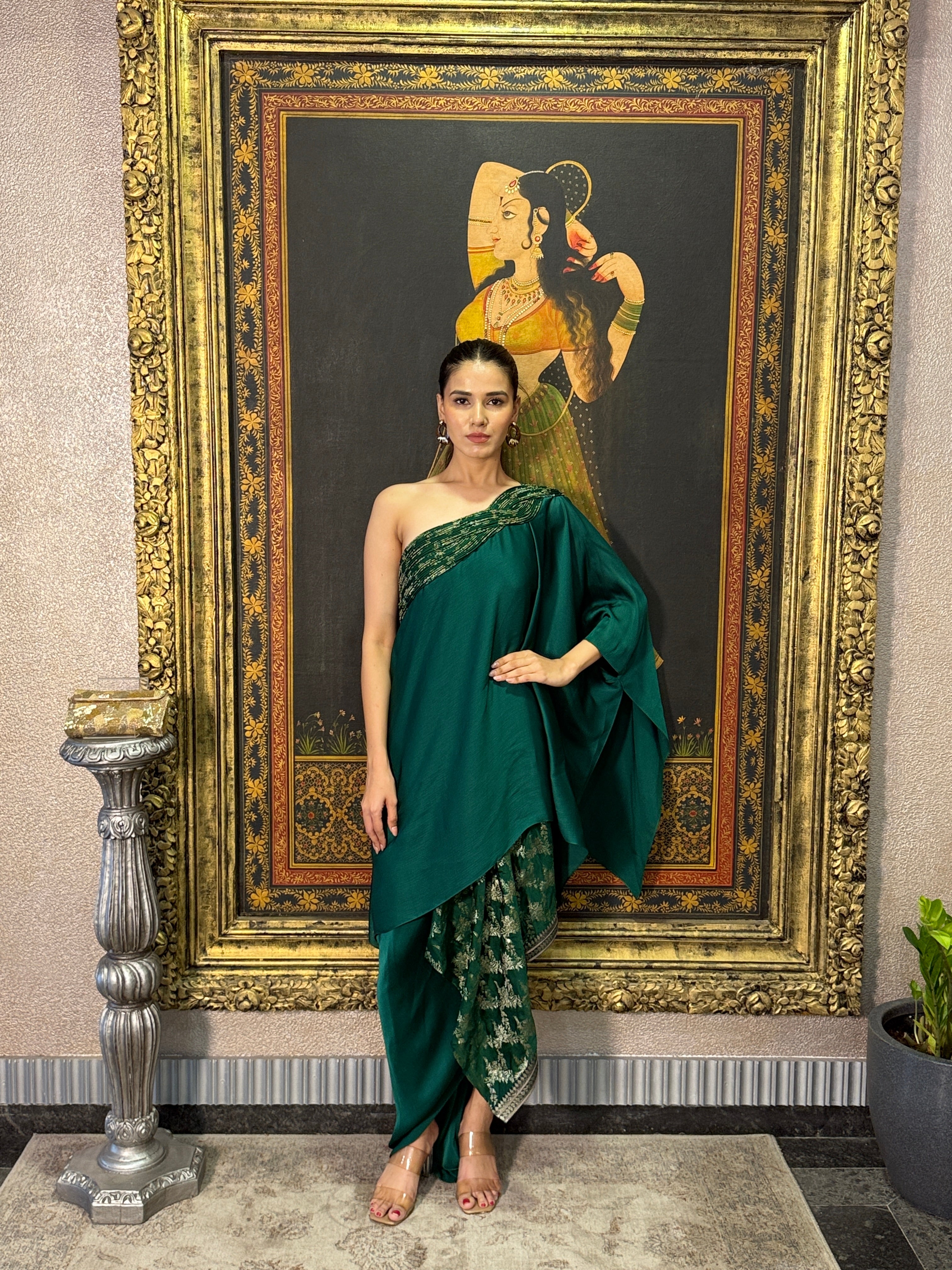Emerald Banarasi Off- Shoulder Cape Set