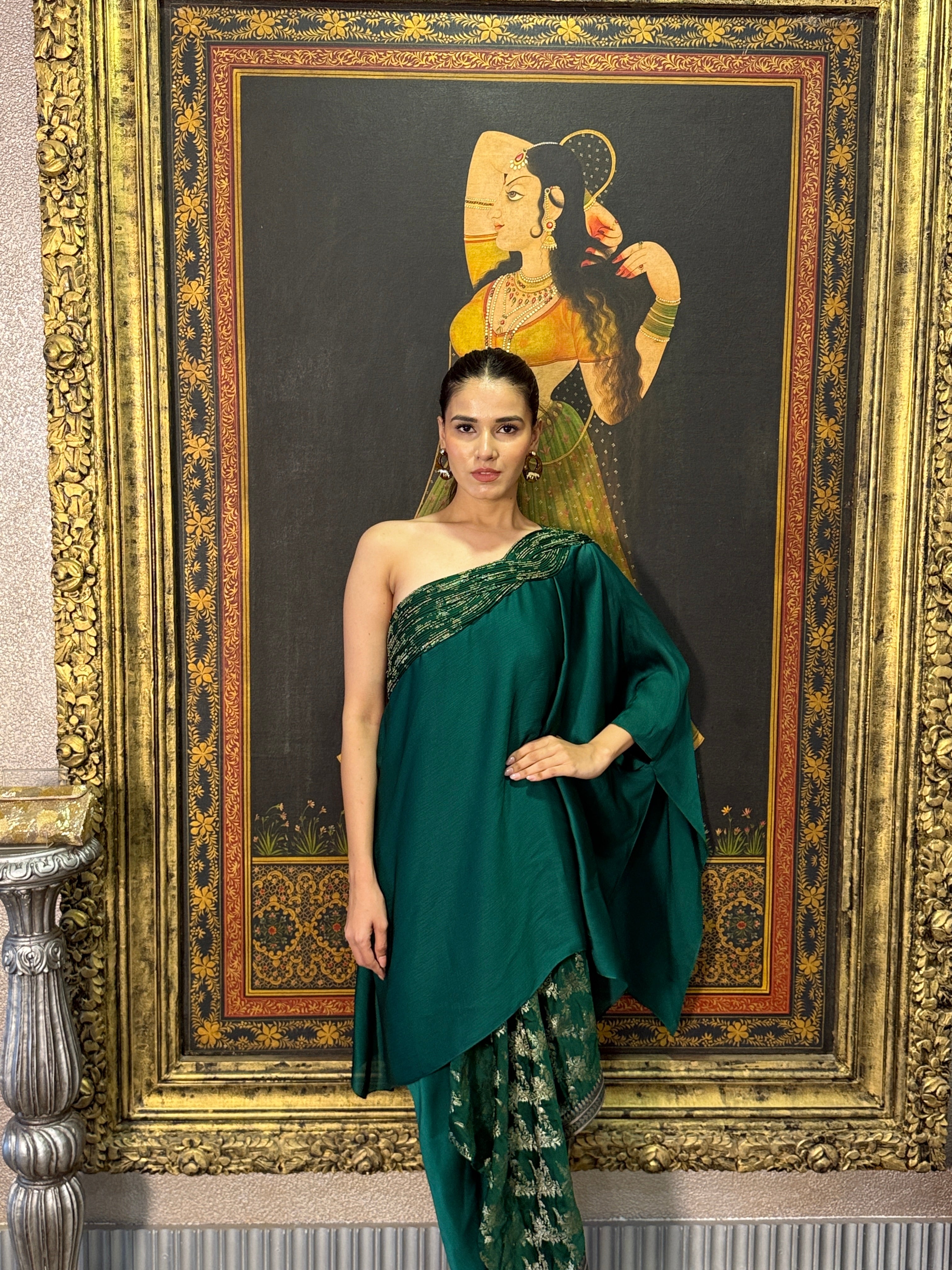 Emerald Banarasi Off- Shoulder Cape Set