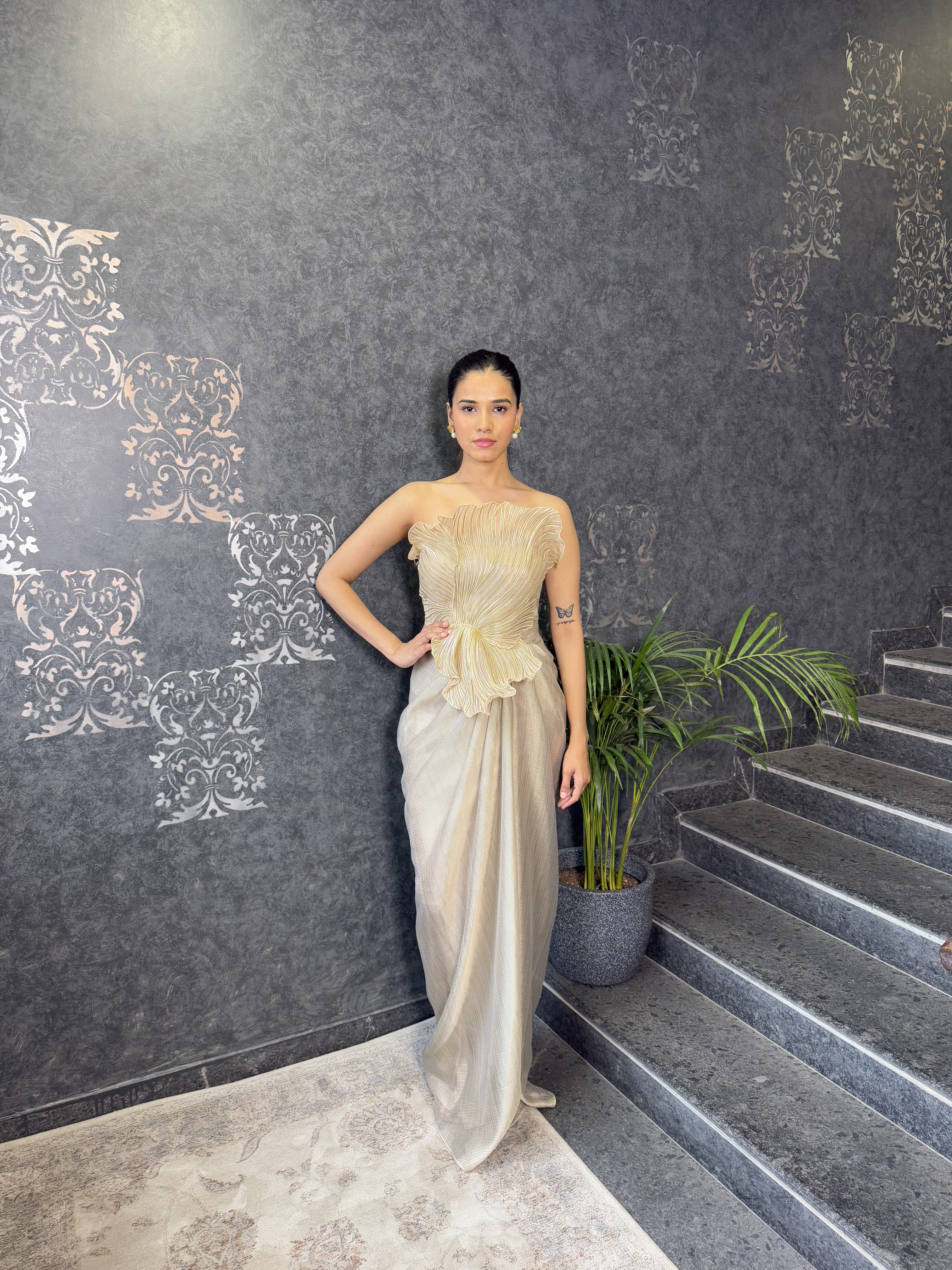 Sand Beige Striped Organza Gown