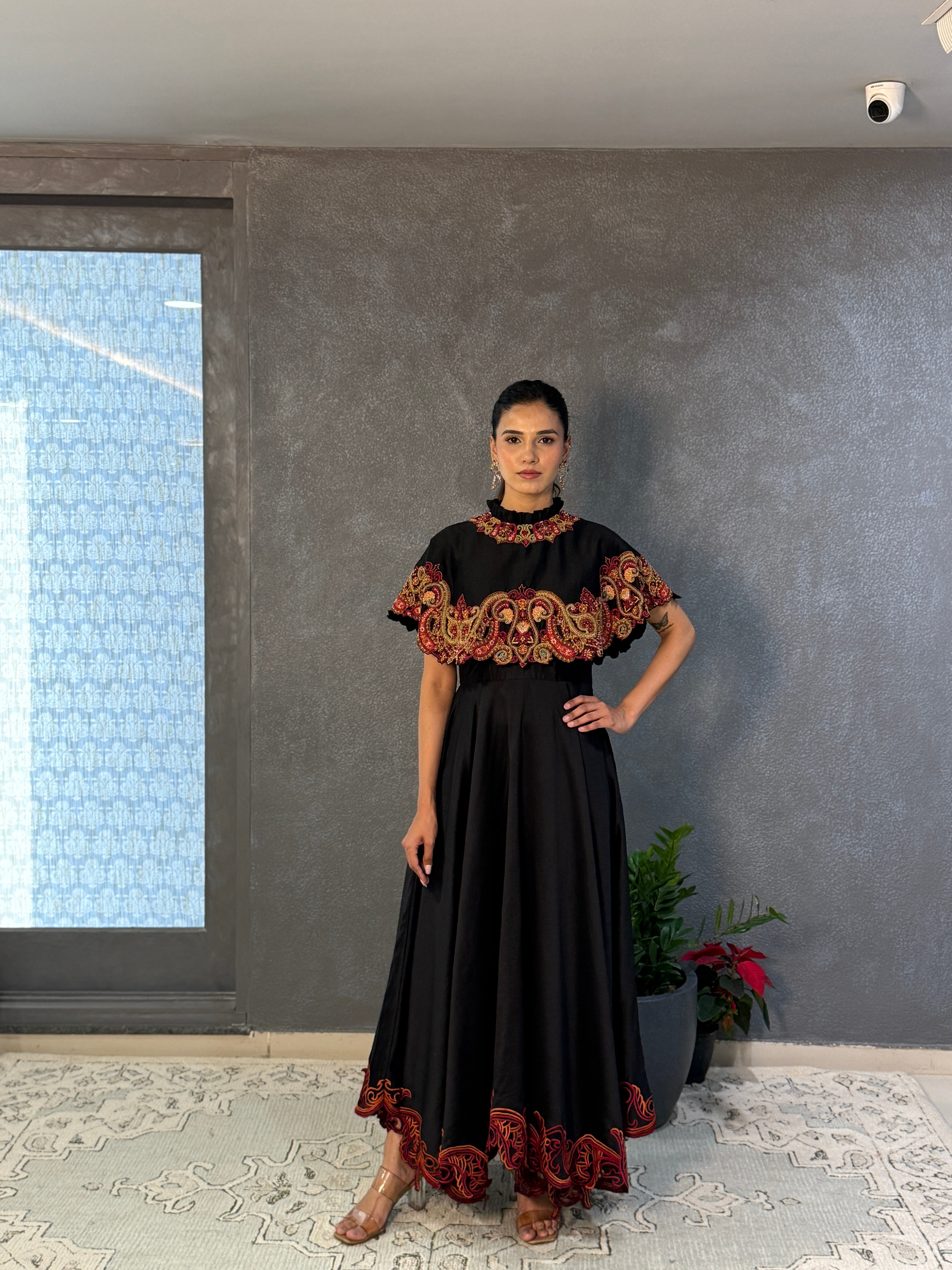 Elegant Black Chanderi Cape Flounce Dress with Intricate Threadwork & Beadwork