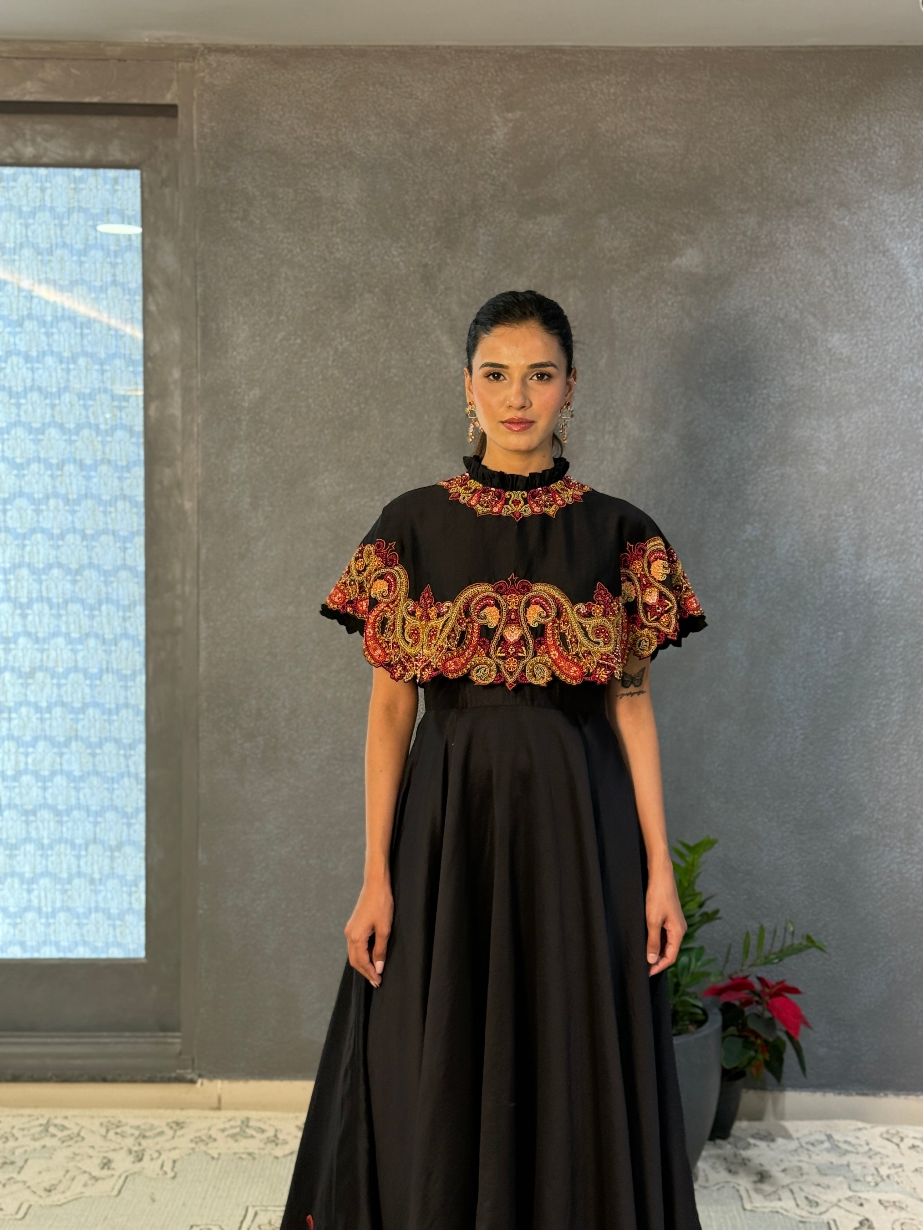 Elegant Black Chanderi Cape Flounce Dress with Intricate Threadwork & Beadwork