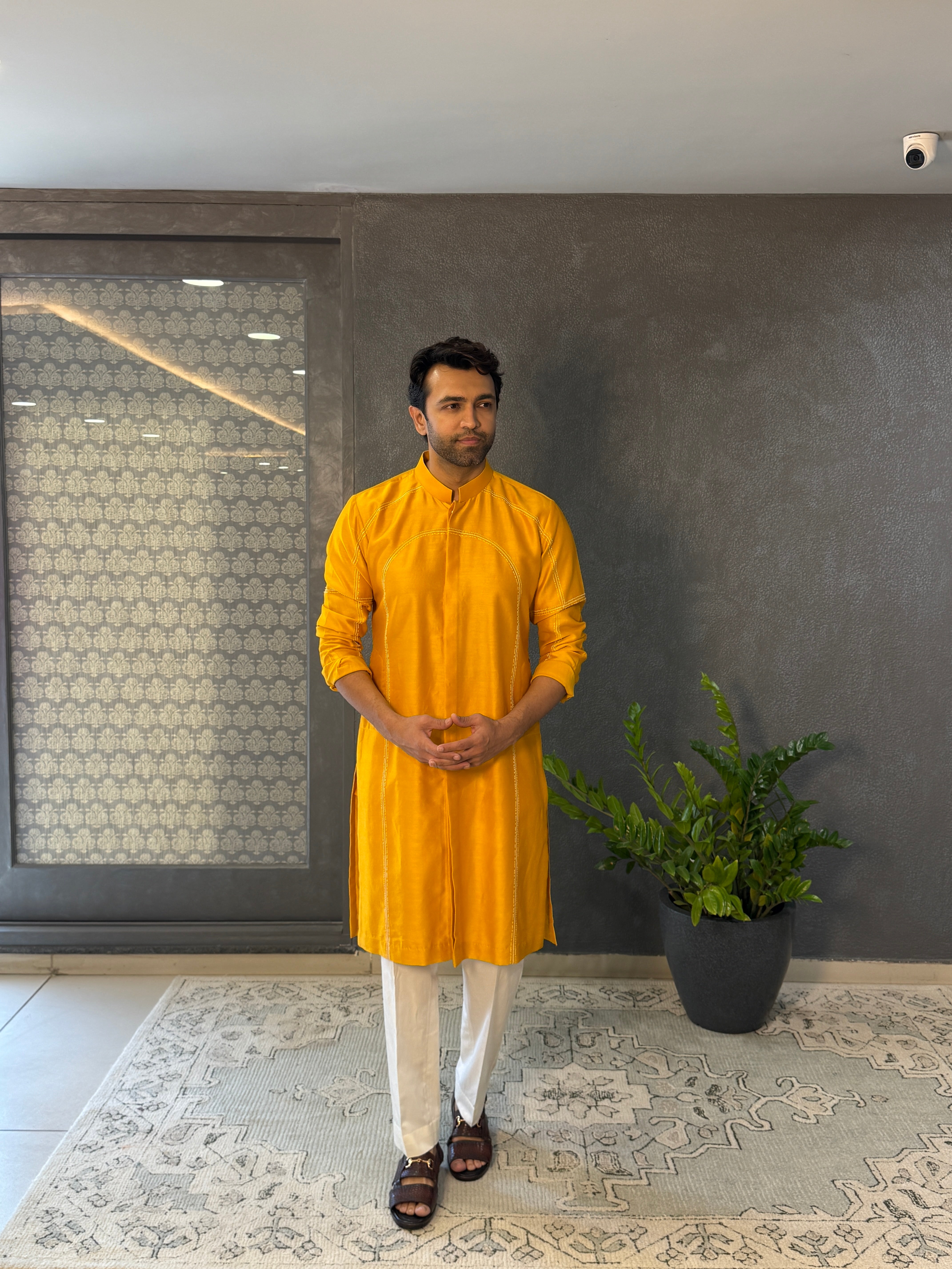 yellow Textured Kurta Set