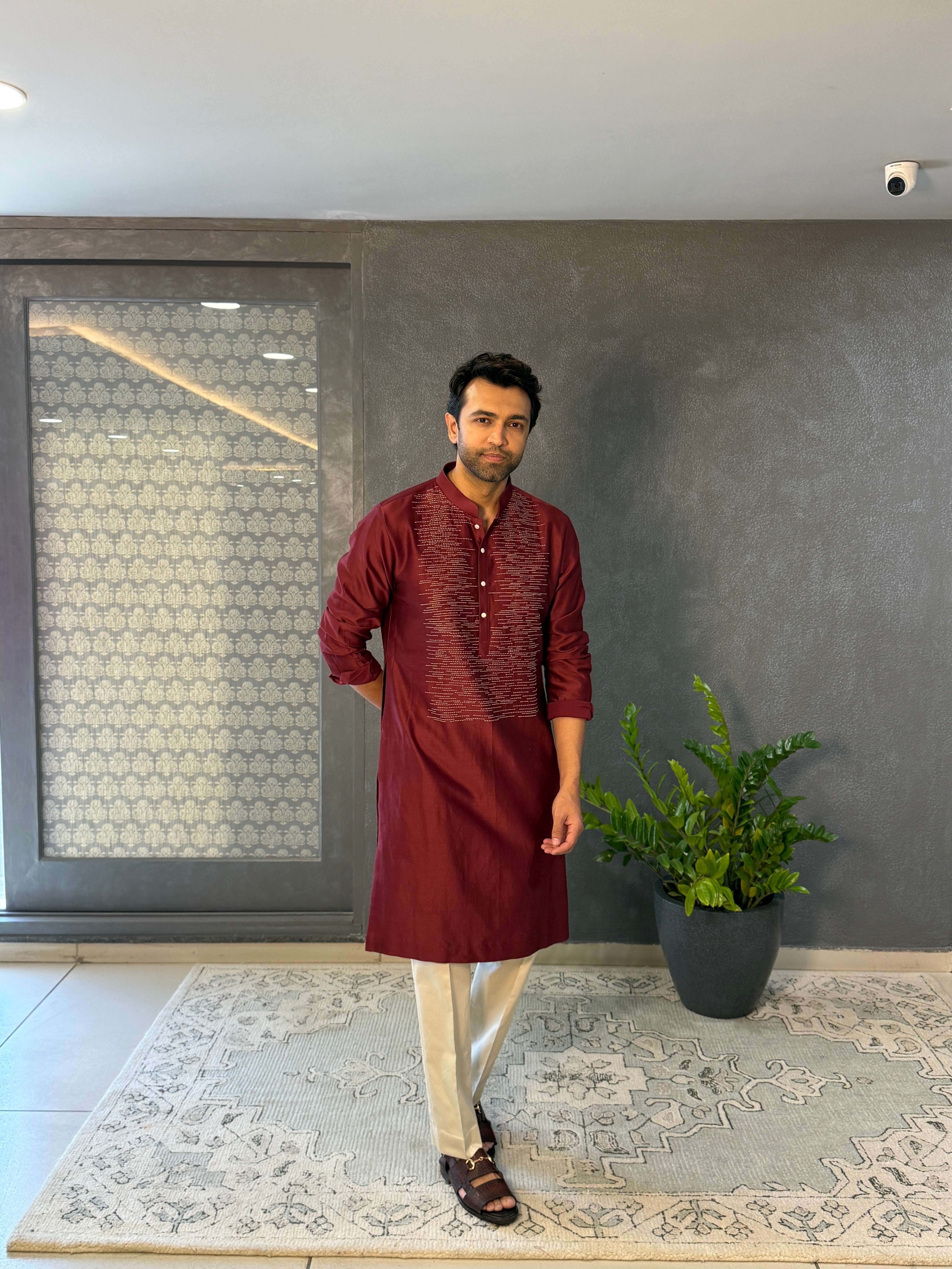 Maroon Chanderi Hand Embroidered Kurta Set