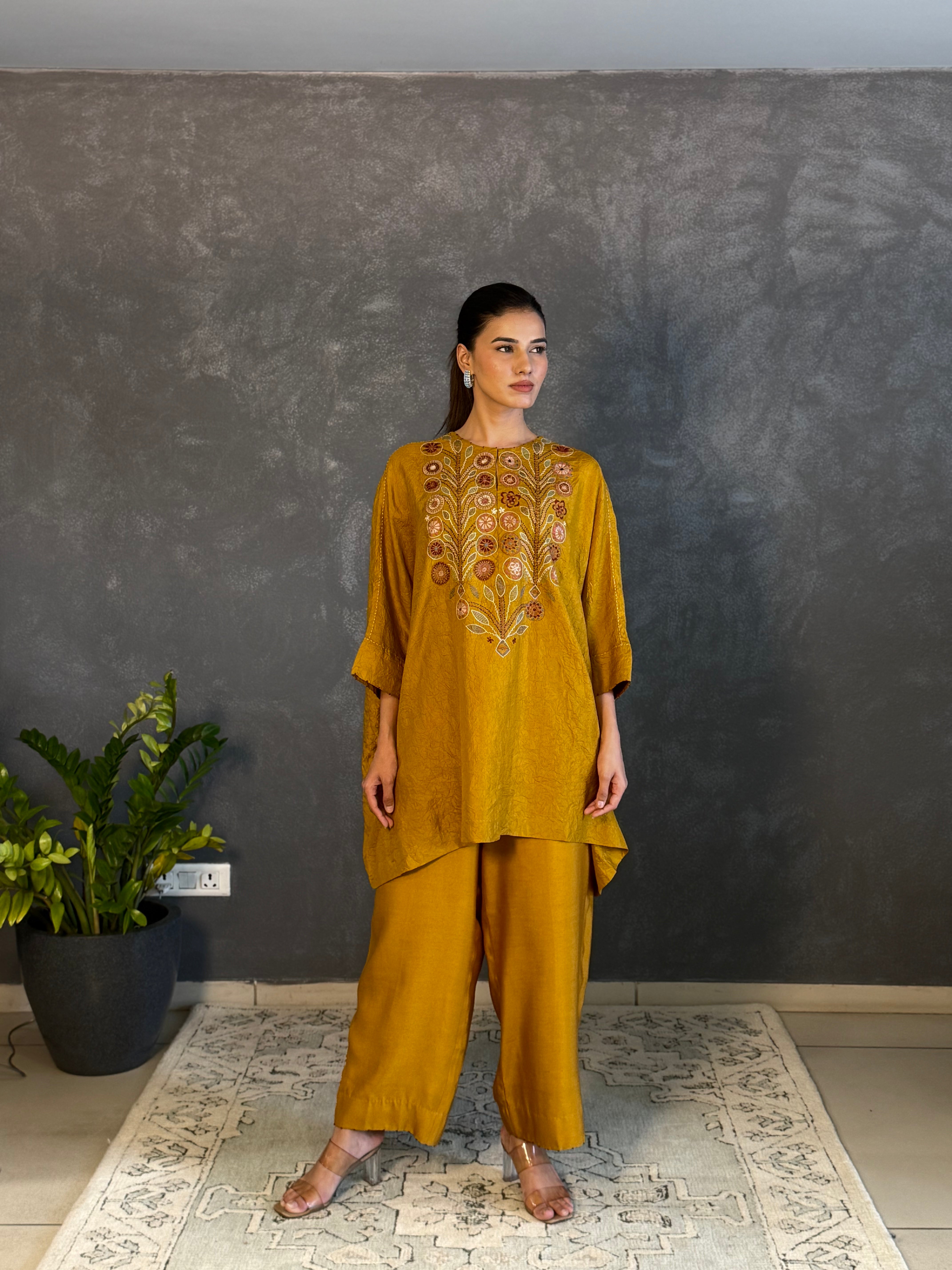 Yellow Mulberry Silk Hand Embroidered Tunic Set