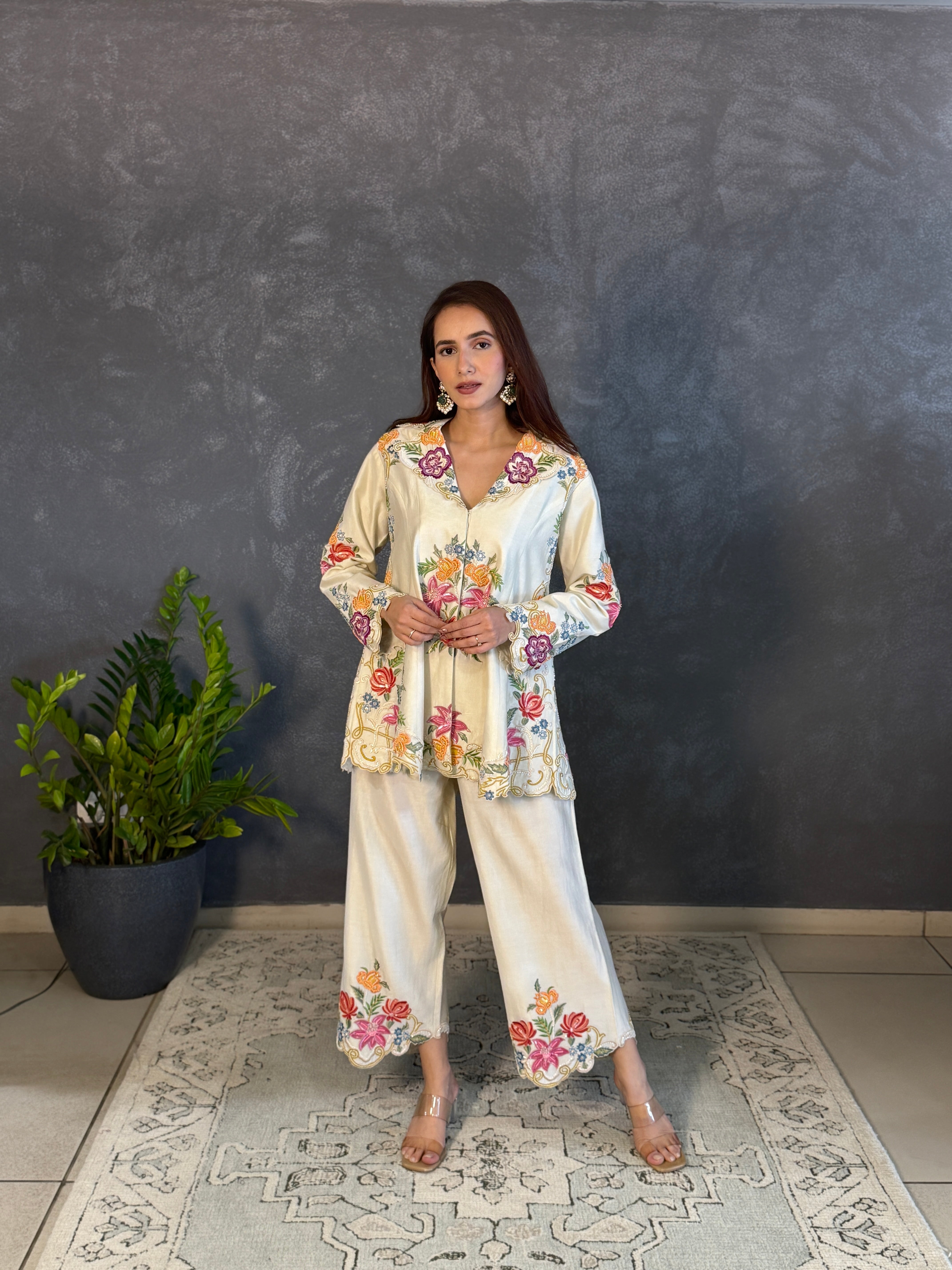 IVORY THREADWORK AND BEADWORK FLARED JACKET