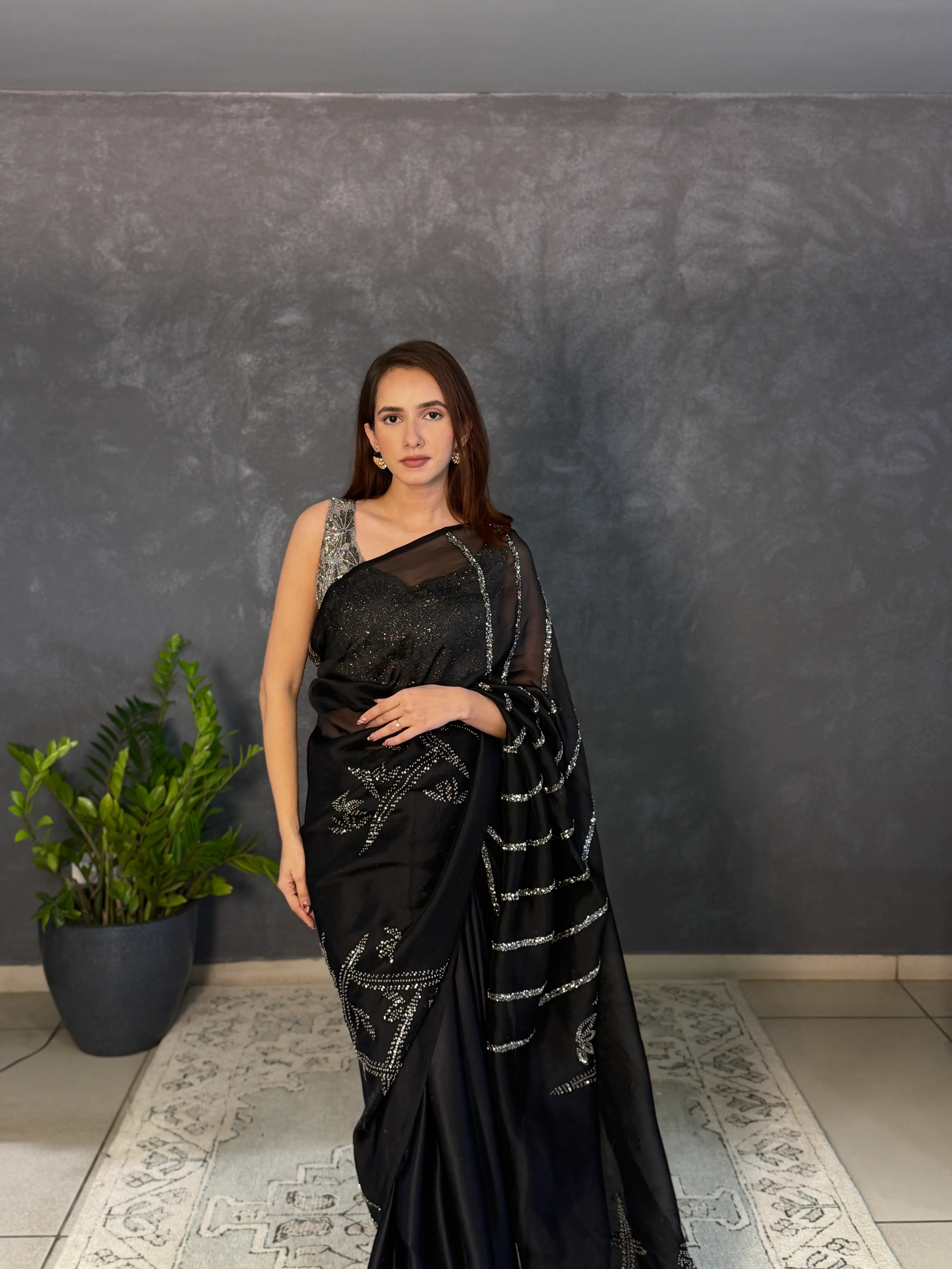 black SLV Silk Organza & Silk Satin Sari
