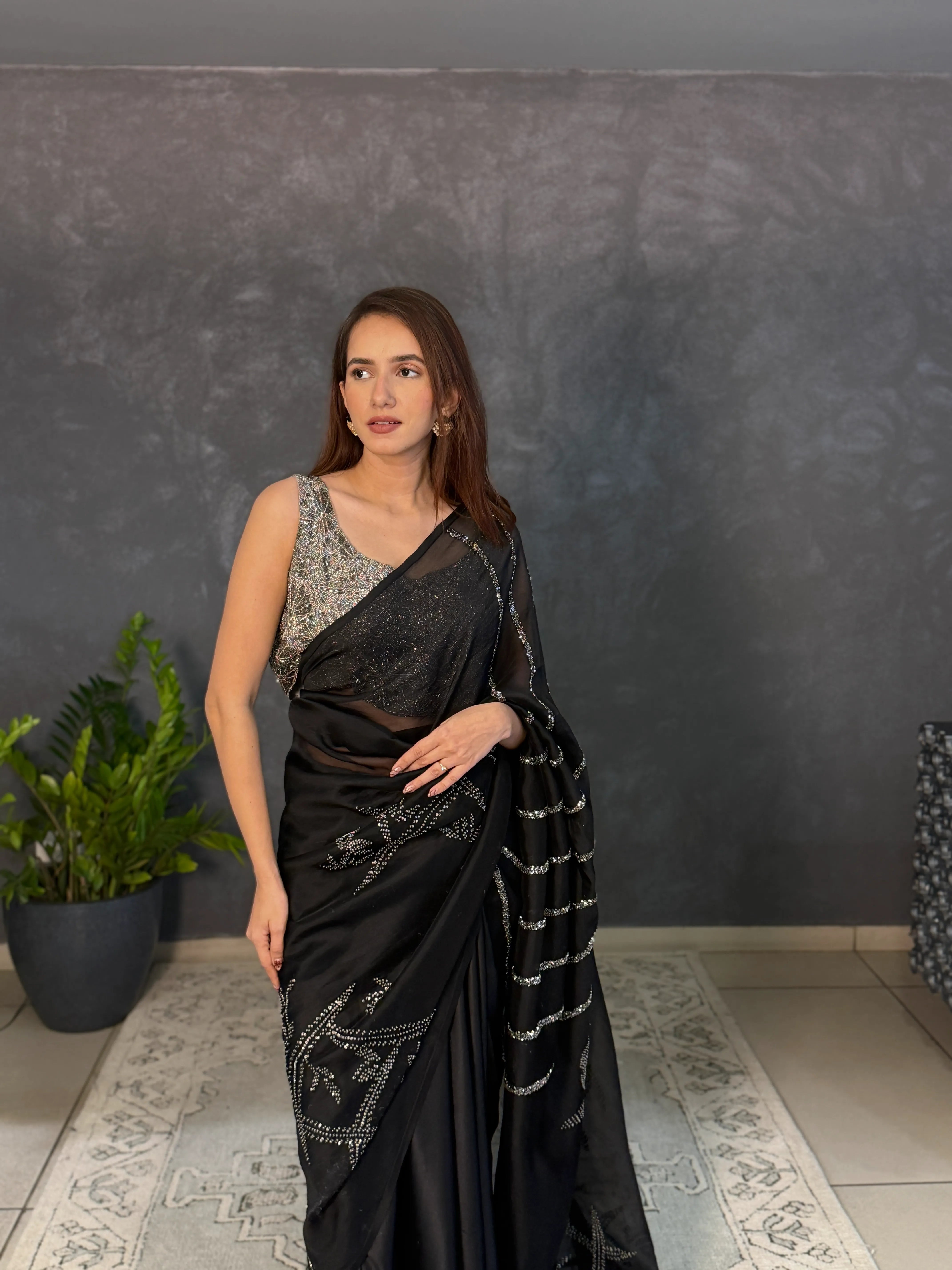 black SLV Silk Organza & Silk Satin Sari