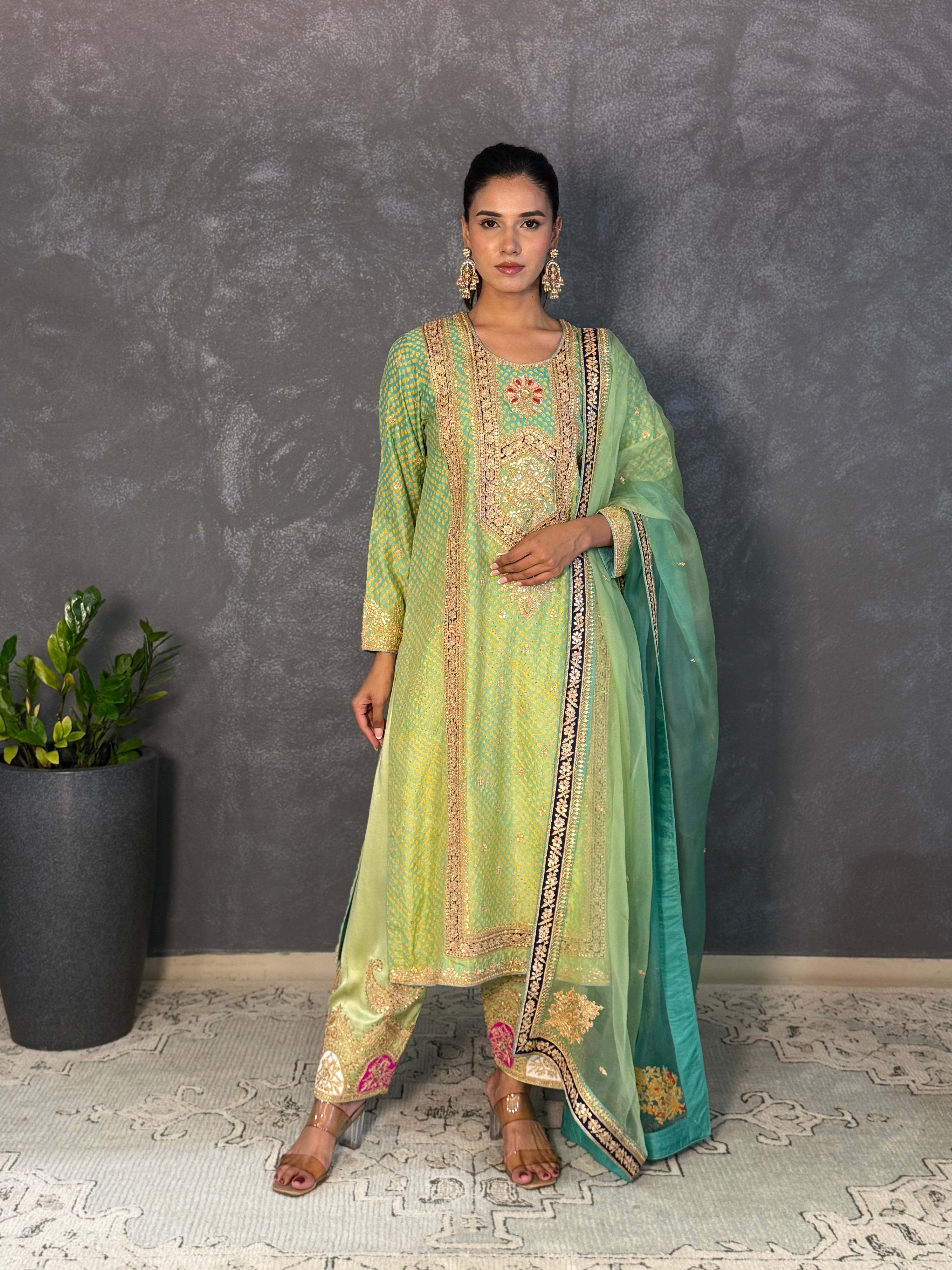 Green Ombre Bandhani Embroidered Kurta
