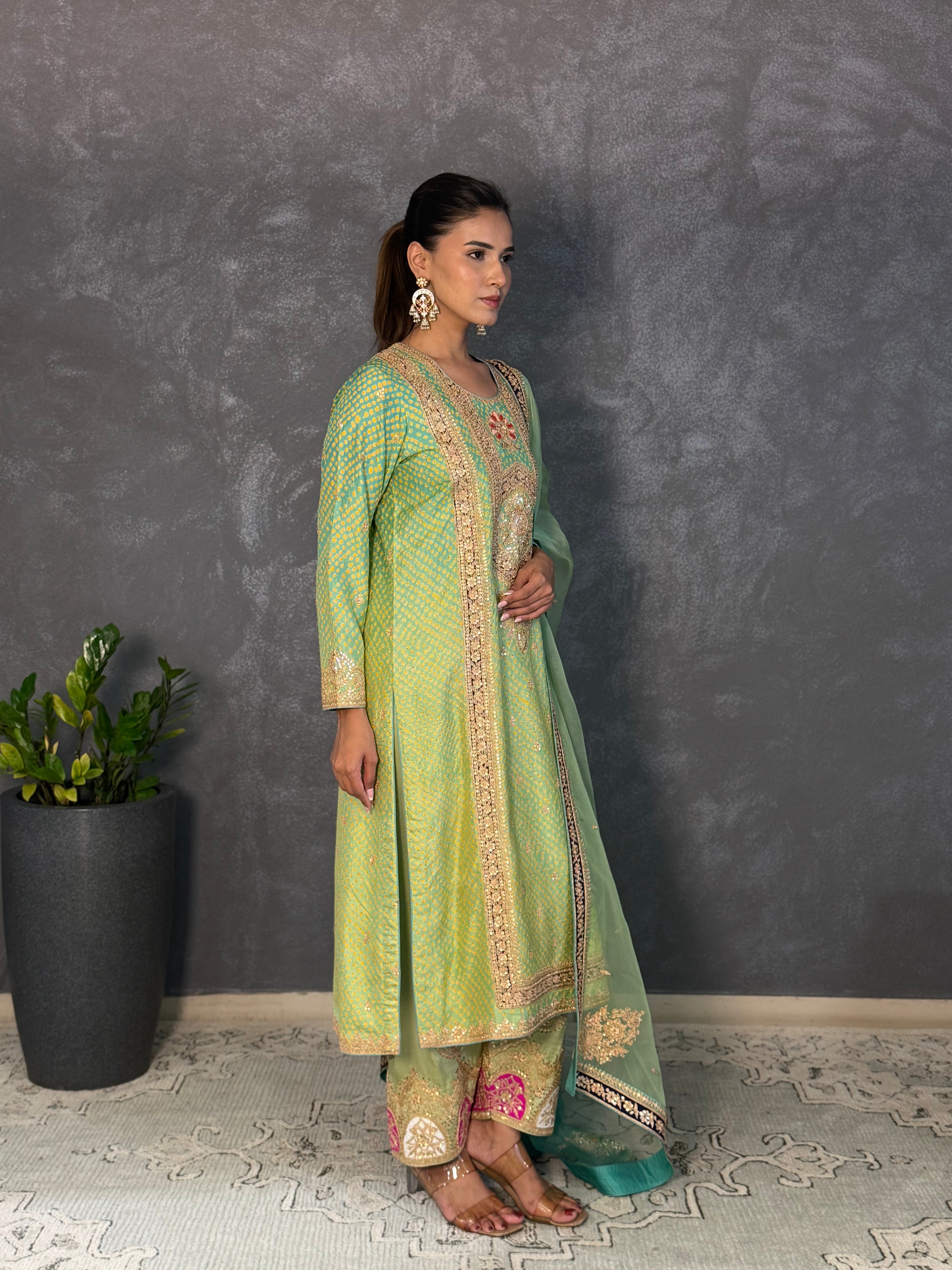 Green Ombre Bandhani Embroidered Kurta