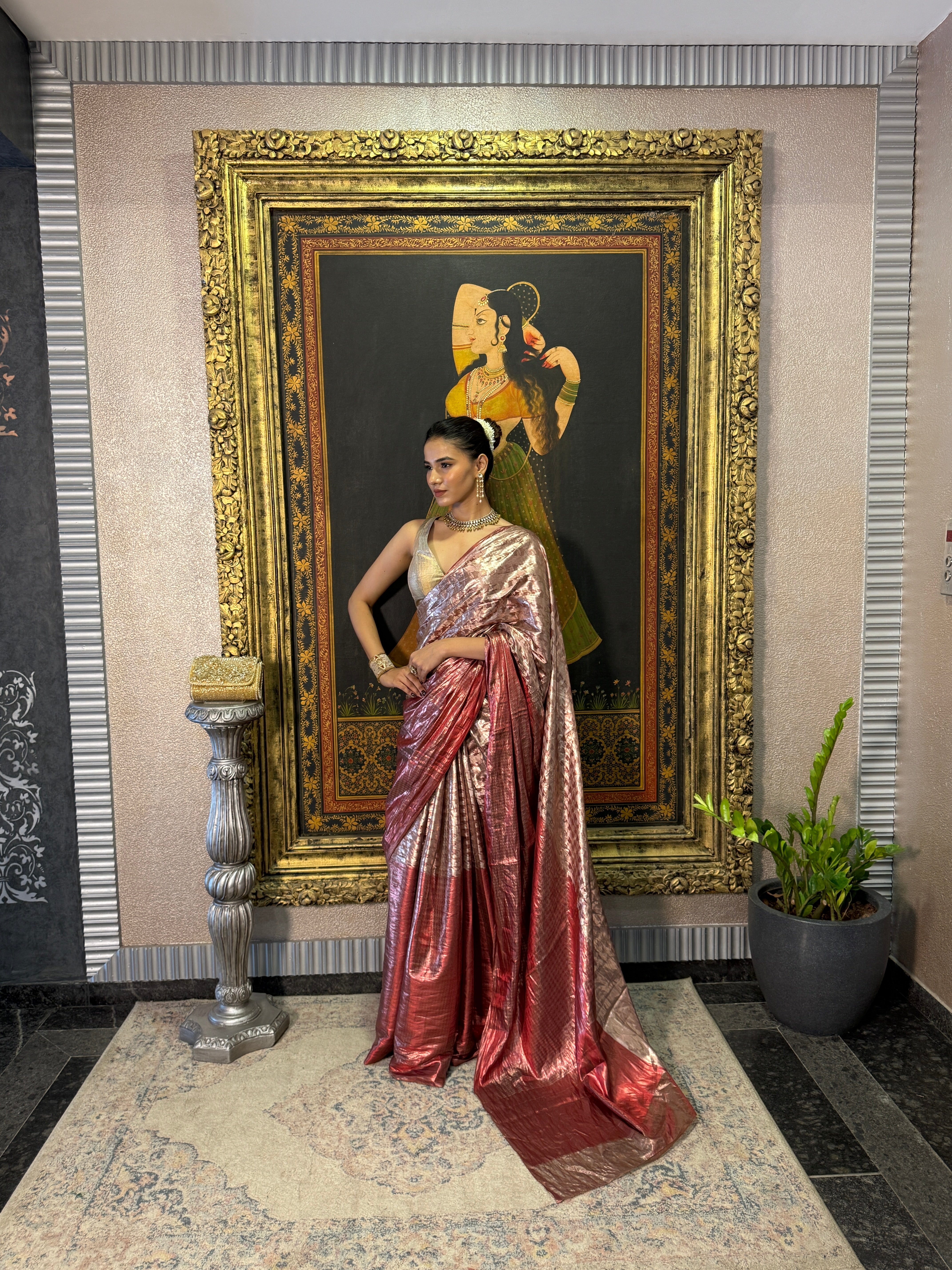 Maroon And Silver-Toned Sari