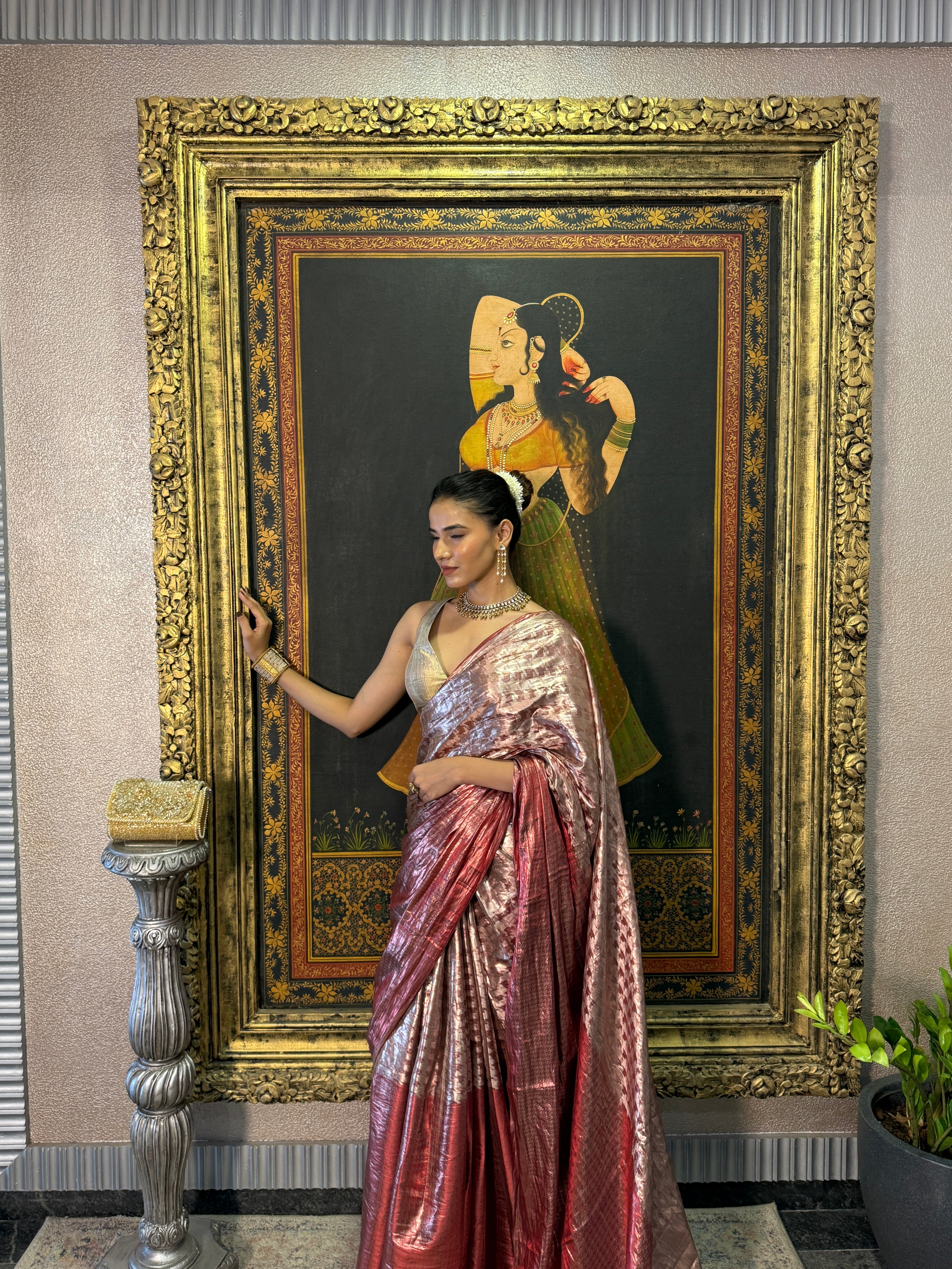 Maroon And Silver-Toned Sari