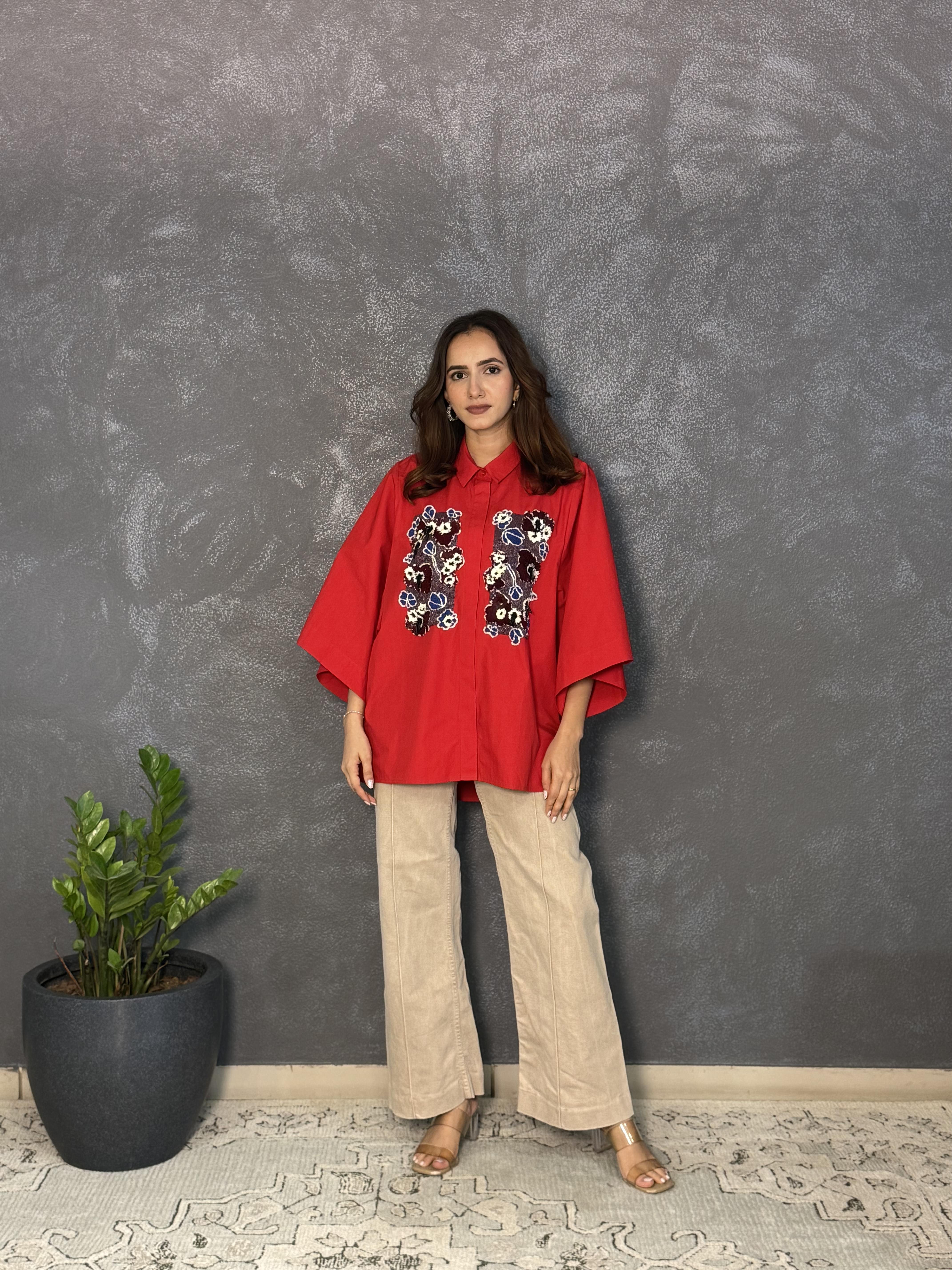 Red Cotton Batwing Oversized Shirt