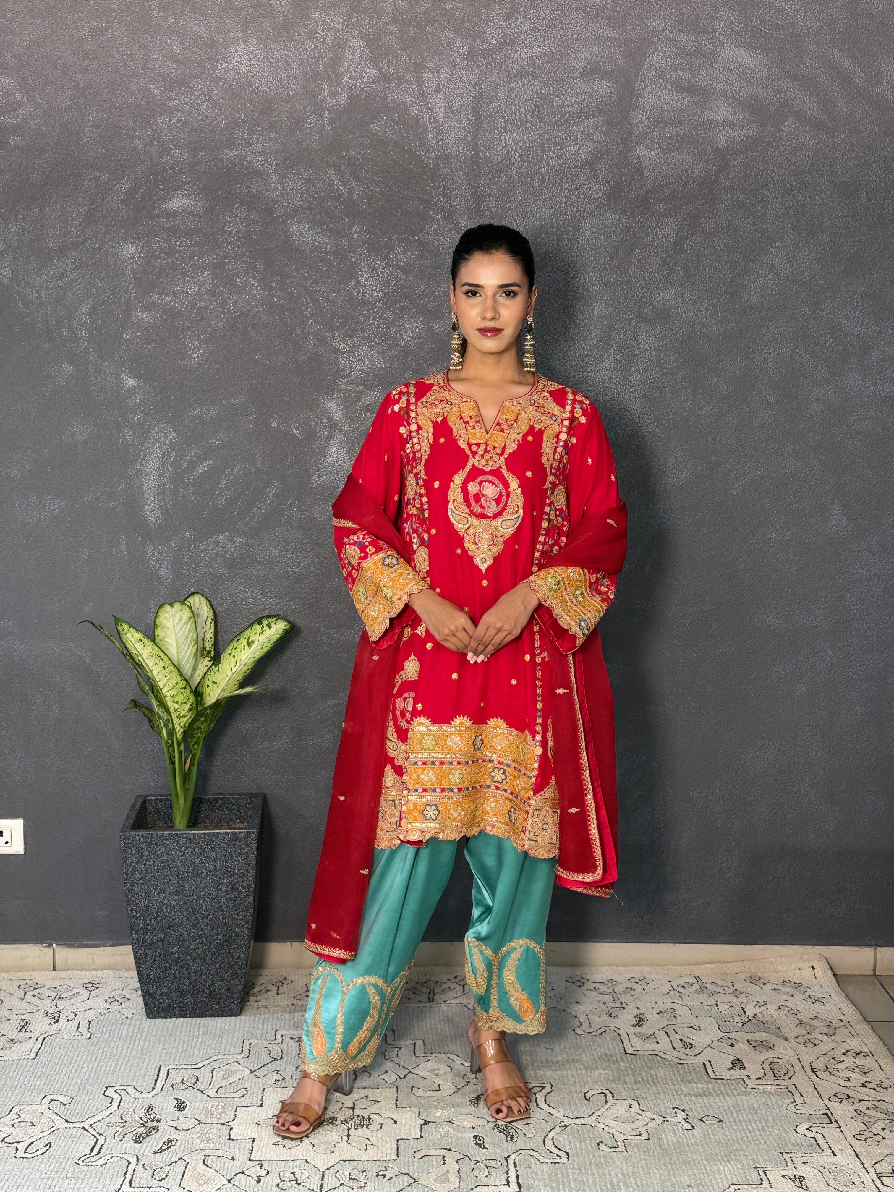 Red embroidered kurta