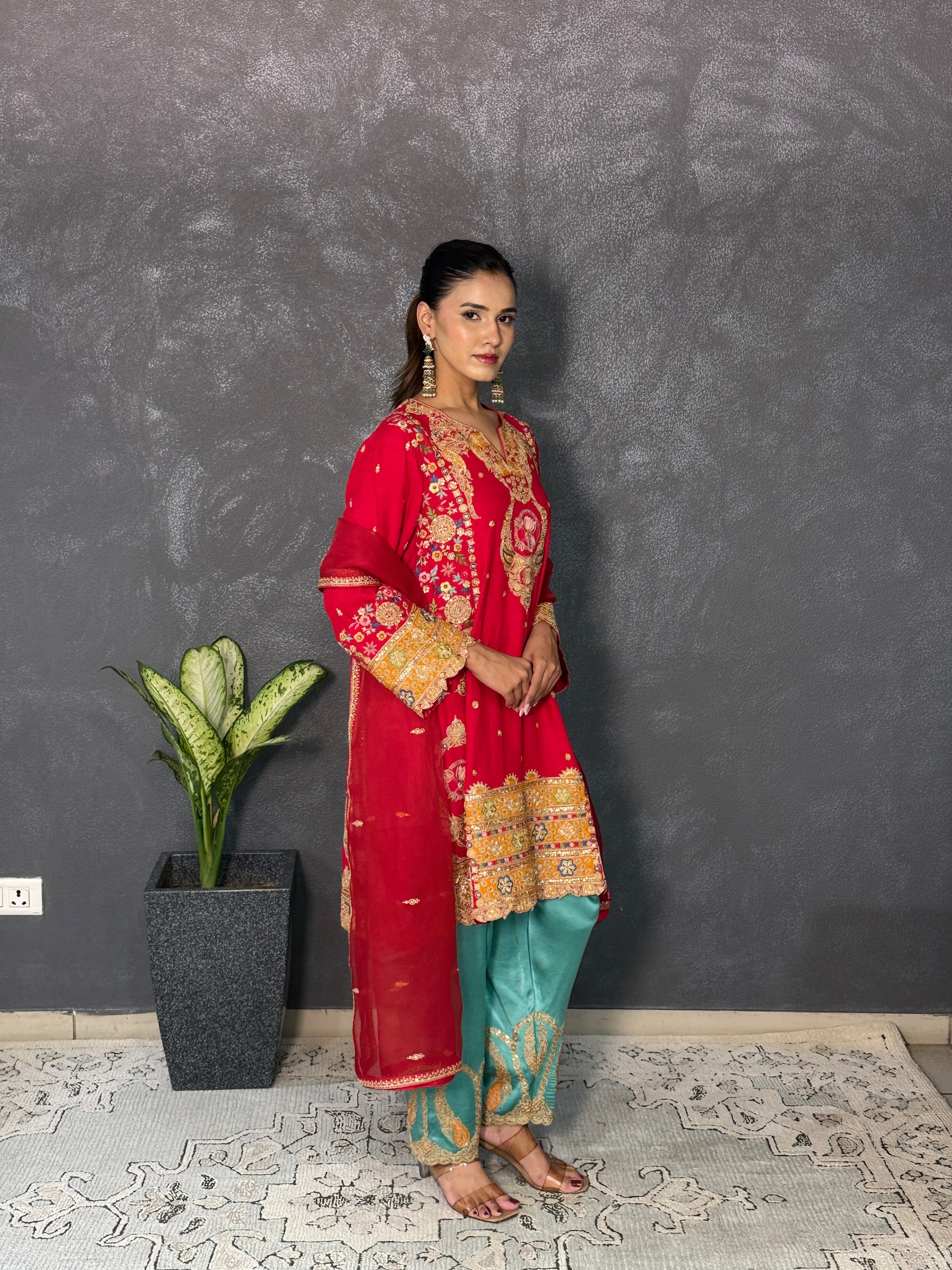 Red embroidered kurta