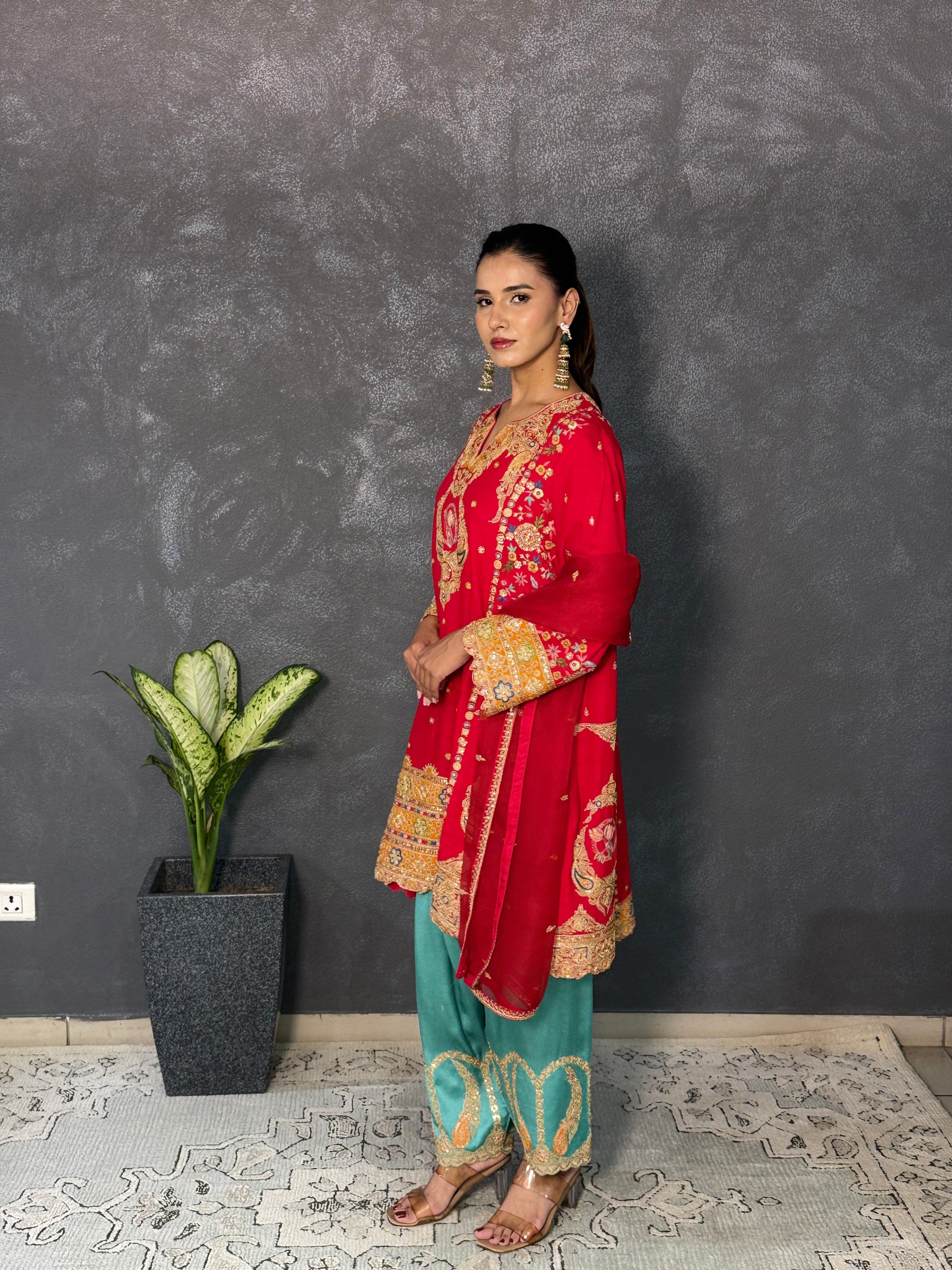 Red embroidered kurta