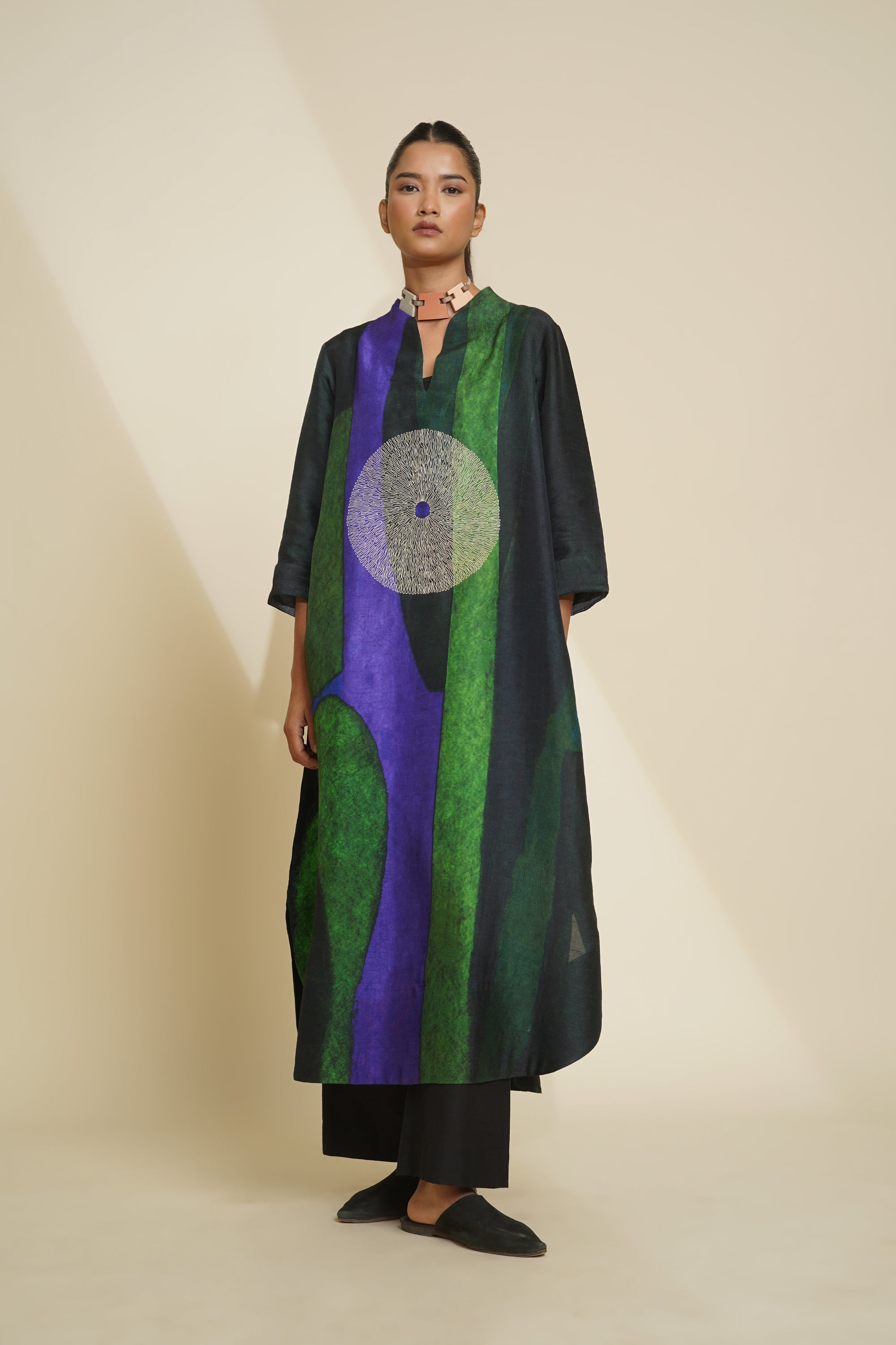 TARA Elegant Blended Silk Abstract Printed Tunic & Pants with Embroidery