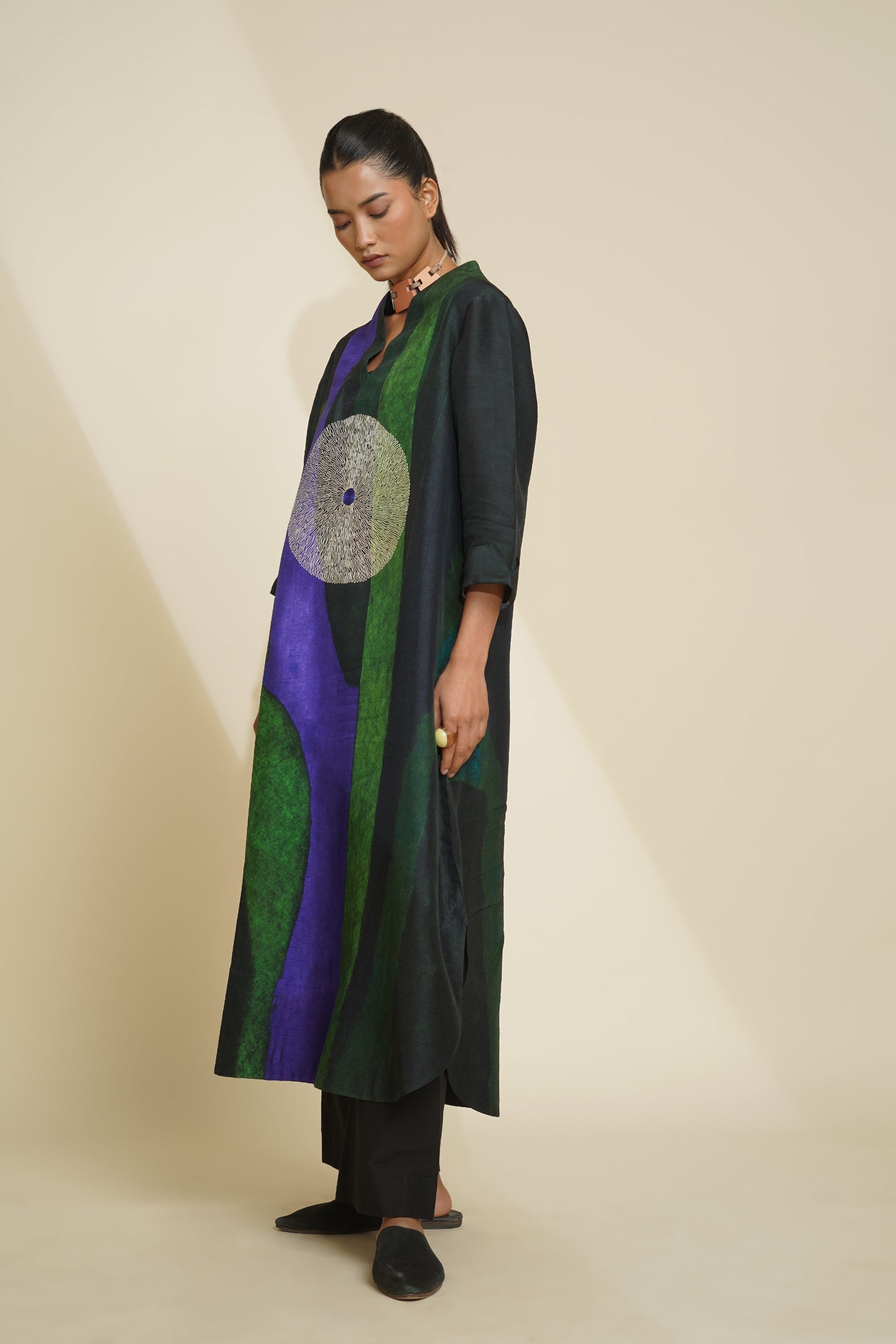 TARA Elegant Blended Silk Abstract Printed Tunic & Pants with Embroidery