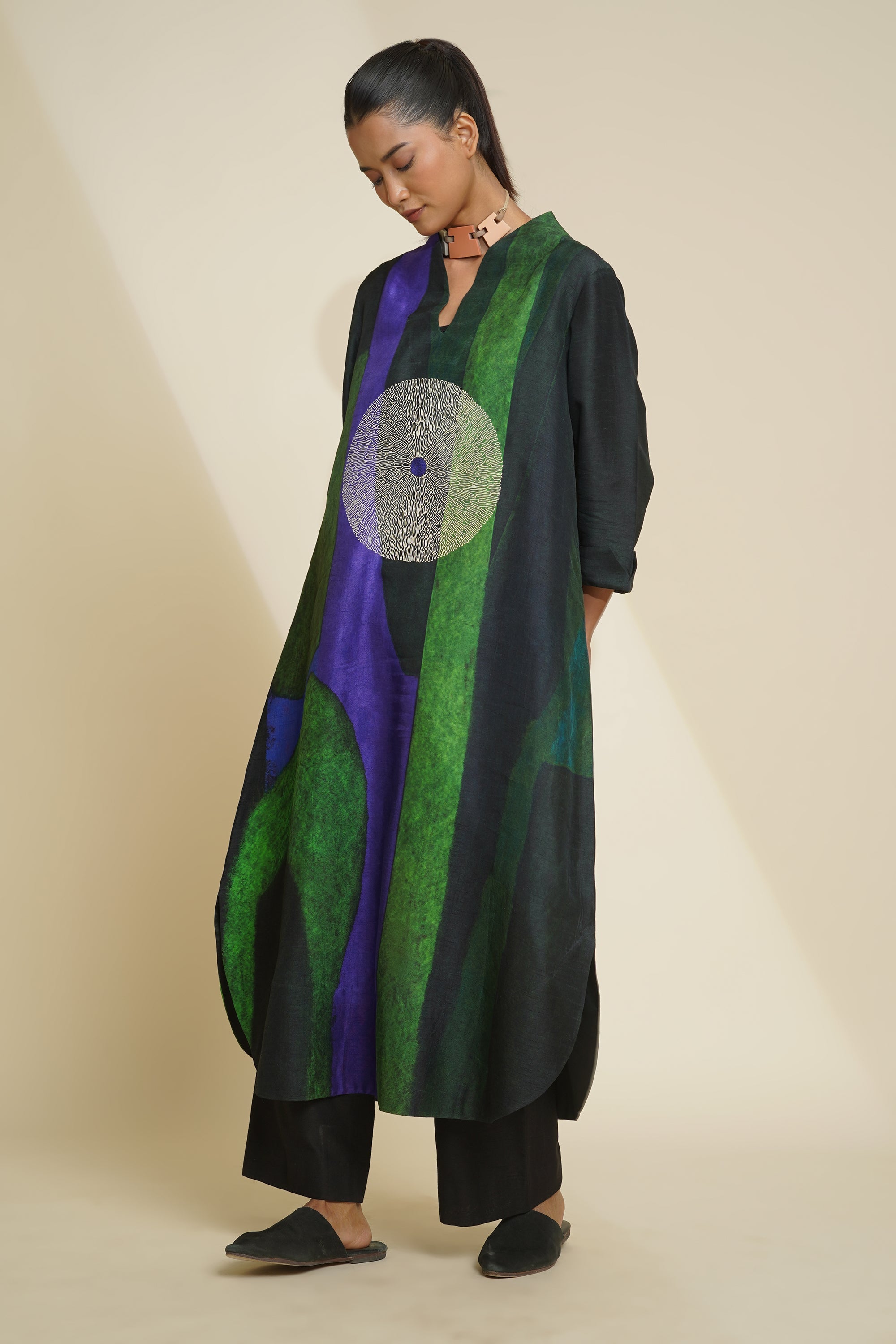 TARA Elegant Blended Silk Abstract Printed Tunic & Pants with Embroidery