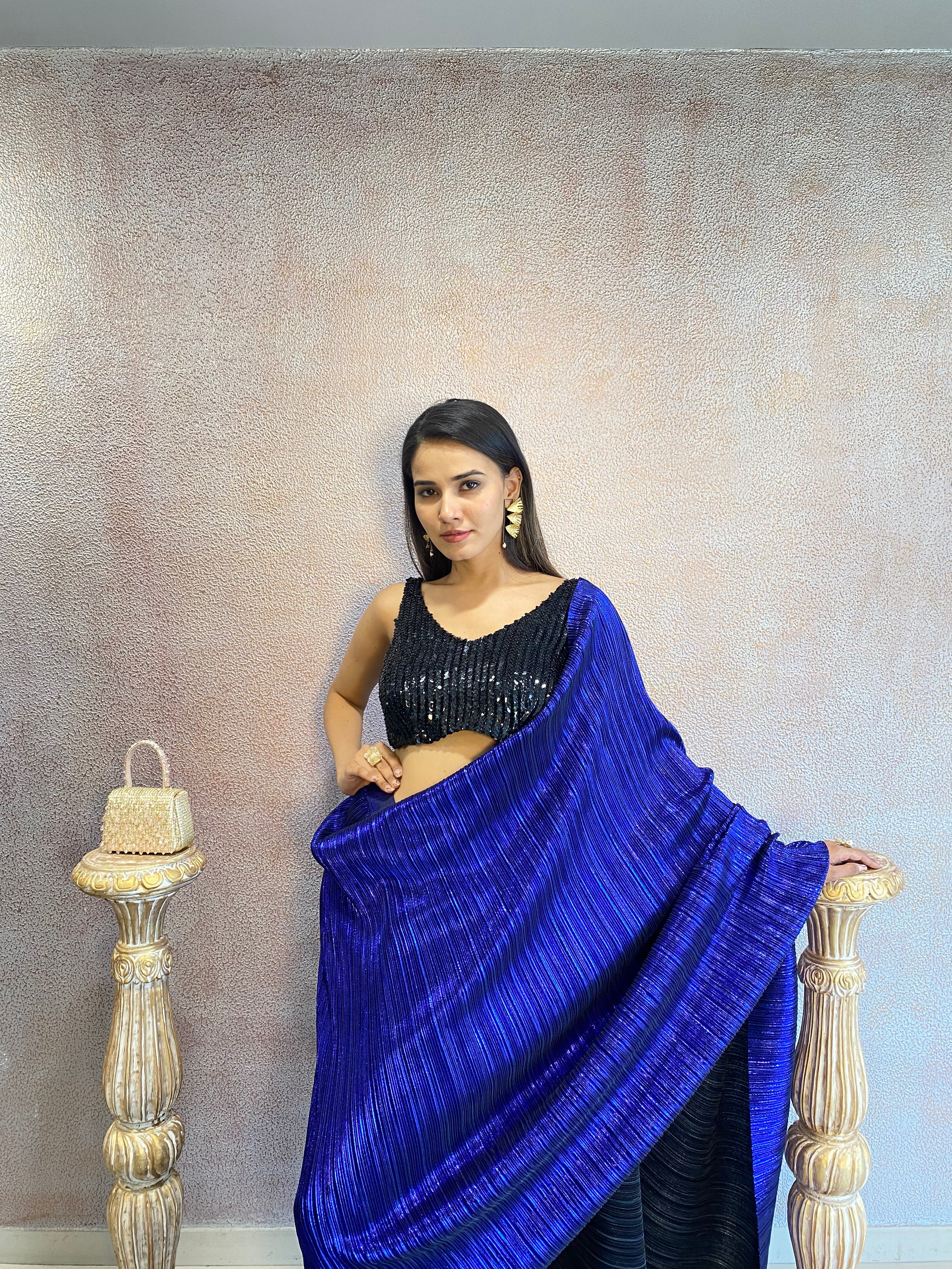 Blue Drape Saree With Black Blouse