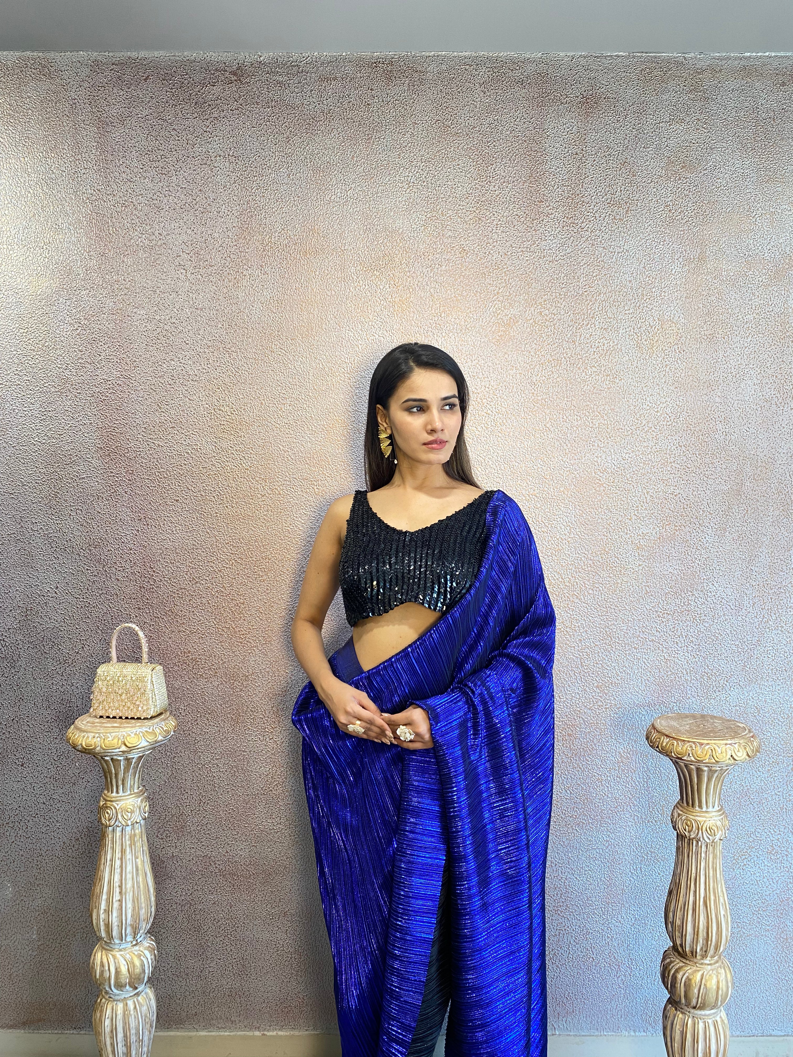Blue Drape Saree With Black Blouse