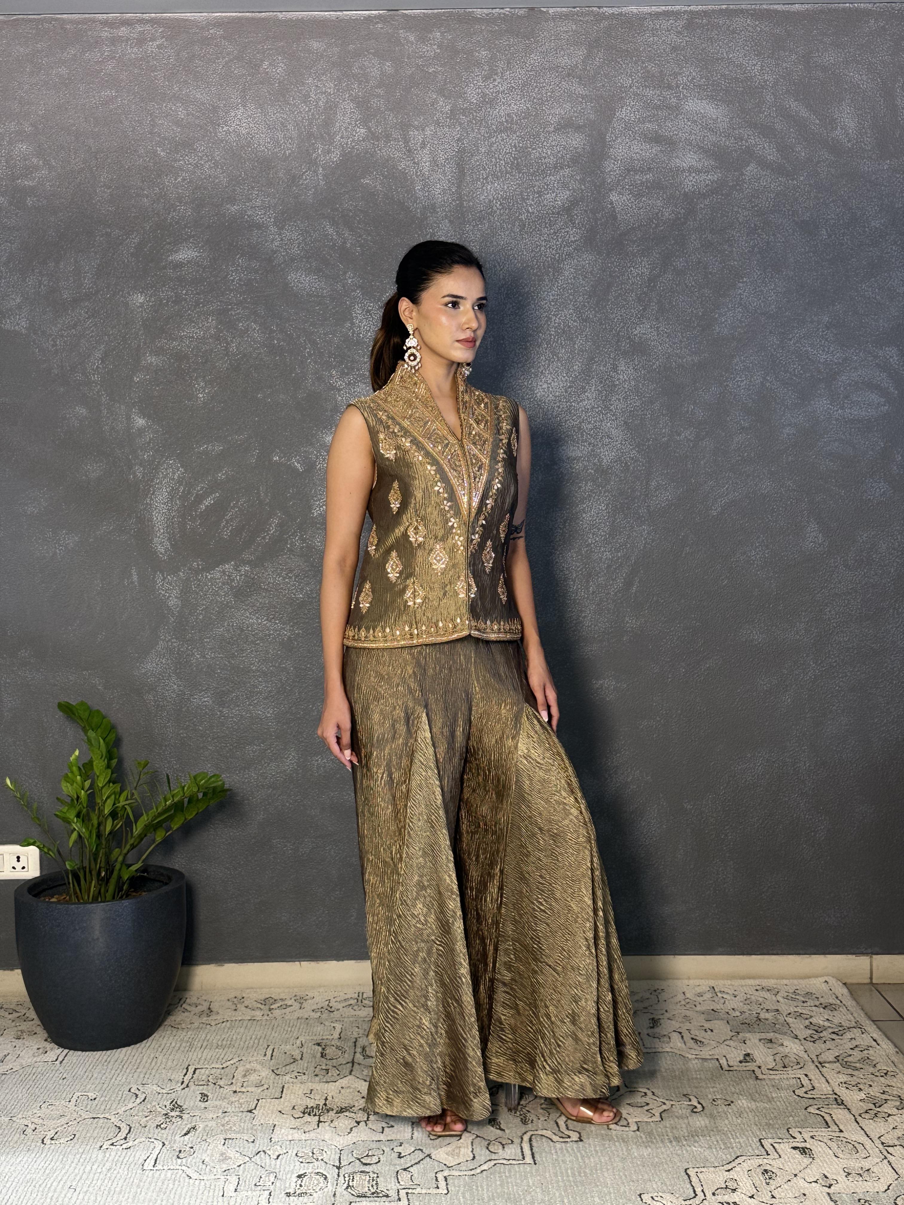 Golden Crushed Tissue Embroidered Co-Ord Set